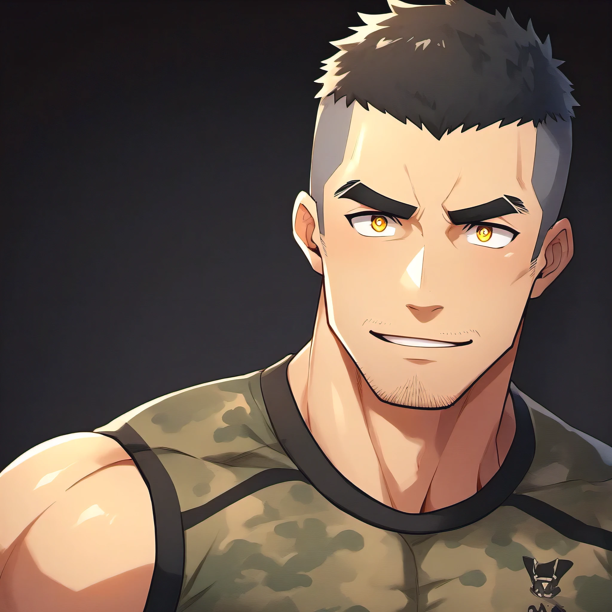 anime characters:Gyee, Fitness coach, 1 muscular tough guy, Manliness, male focus, Camouflage tight T-shirt, Slightly transparent, muscular male, muscular, only, Upper body, alone, Black short hair, Thick eyebrows, stubble, Yellow eyes, Black background, simple background, amazing quality, best aesthetics, Ridiculous, bright pupils, crew cut, parted lips, embarrassed, forced smile, drop shadow, best quality