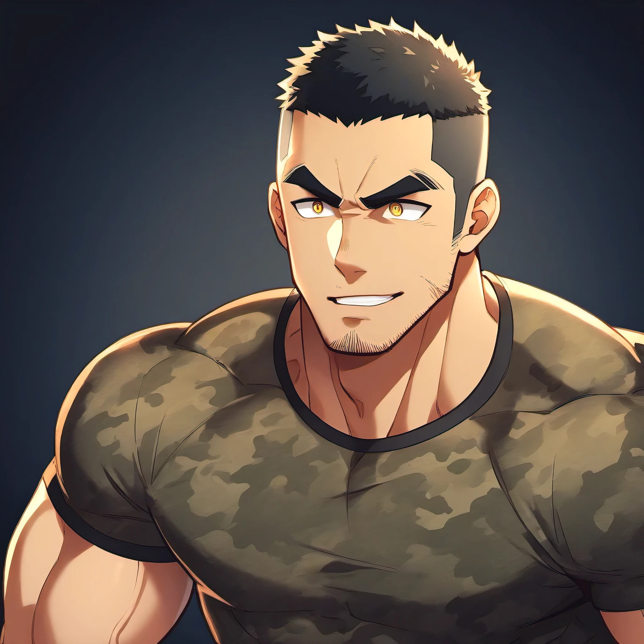 anime characters:Gyee, Fitness coach, 1 muscular tough guy, Manliness, male focus, Camouflage tight T-shirt, Slightly transparent, muscular male, muscular, only, Upper body, alone, Black short hair, Thick eyebrows, stubble, Yellow eyes, Black background, simple background, amazing quality, best aesthetics, Ridiculous, bright pupils, crew cut, parted lips, embarrassed, forced smile, drop shadow, best quality