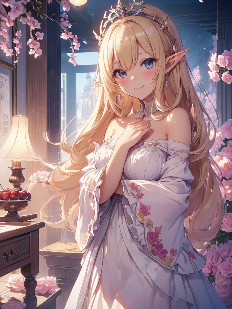 最high quality、best image quality、masterpiece、beautiful face、、titania、Super beautiful elf beauty((22 year old office lady big bust、bust 90,beautiful long ironed hair、blonde、height: 165cm。thin、sexy、cowboy shot,、Esbian、beautiful tiara、night、high quality、美しいart、Beautiful bed、Canopy、、pieces fly、ビジュアルart、written boundary depth、、elf ears、、lightのmagic、universe、happy smile、穏やかなlight、beautiful forest、cherry blossoms、、elegant、ティッカー美しいdecoration的、marble columnystery的な rosa、Rose、flower瓶、magicのflower、flowerを作るmagic、light、 null、beautiful dressy、beautiful dress、art、Lord of the Ring、spectacular scenery、sexy、friendly smile、wonderful、cherry blossoms、舞い散るflowerびら、cherry blossomsのflower、flower畑、nature、universeのmagic、magicのlight、fantasy、flower、super REALITYa lotのRose、magic、sundial、hourglass、decoration、Grow fantasy、、mysteryのlight、art nouveau、Alphonse a lot、、art、art,mystery,UHD,magicalgentle light,sexy、