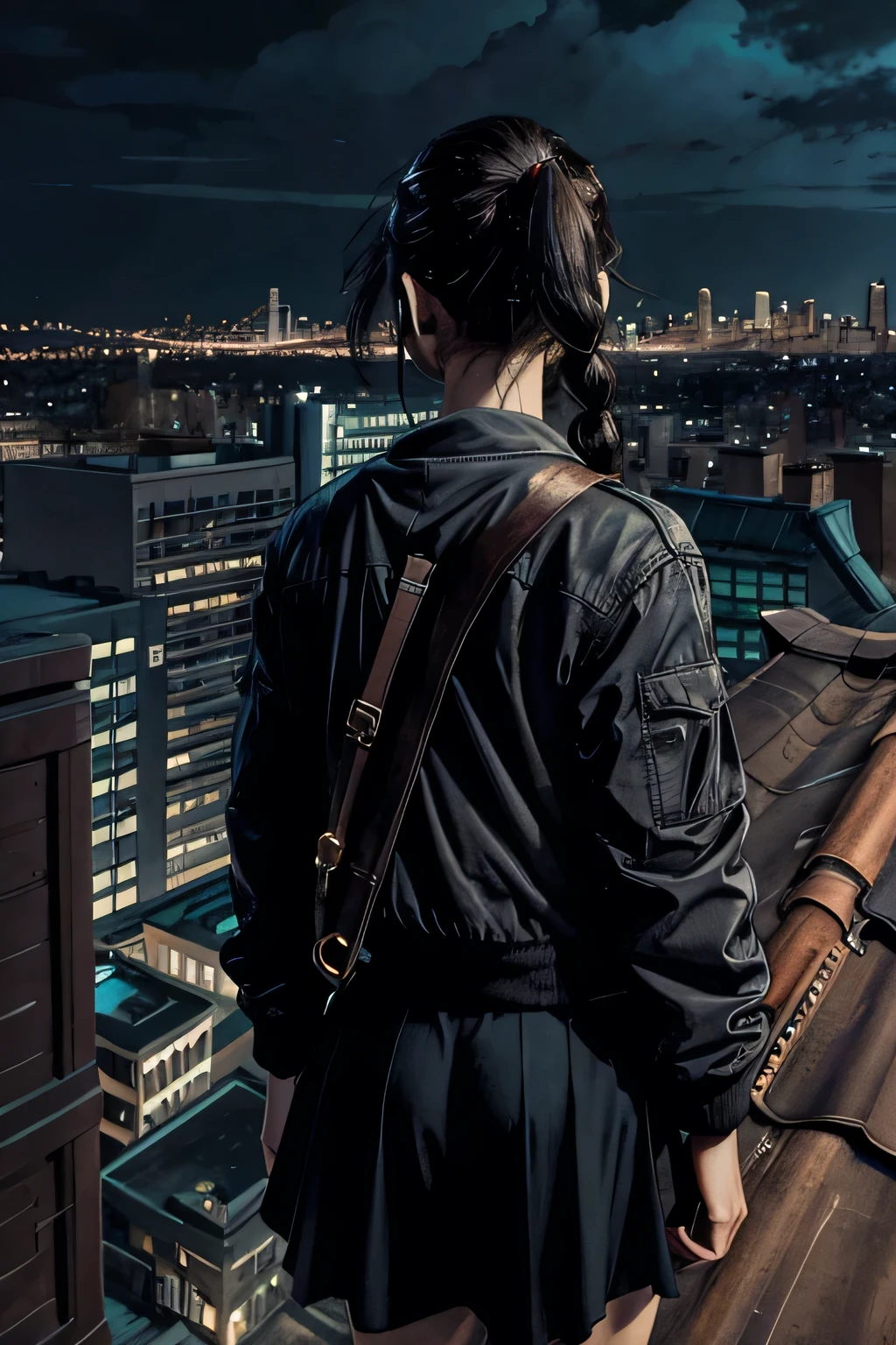 beautiful, masterpiece, best quality, perfect lighting, concept art, city skyline background, 1girl, teenage, magical demon hunter in plain clothes, jacket, shoulder length hair, black hair, ponytail, (facing away:1.5), on top of a roof, cinematic, ultra long shot, mysterious and foreboding, monsters in the background