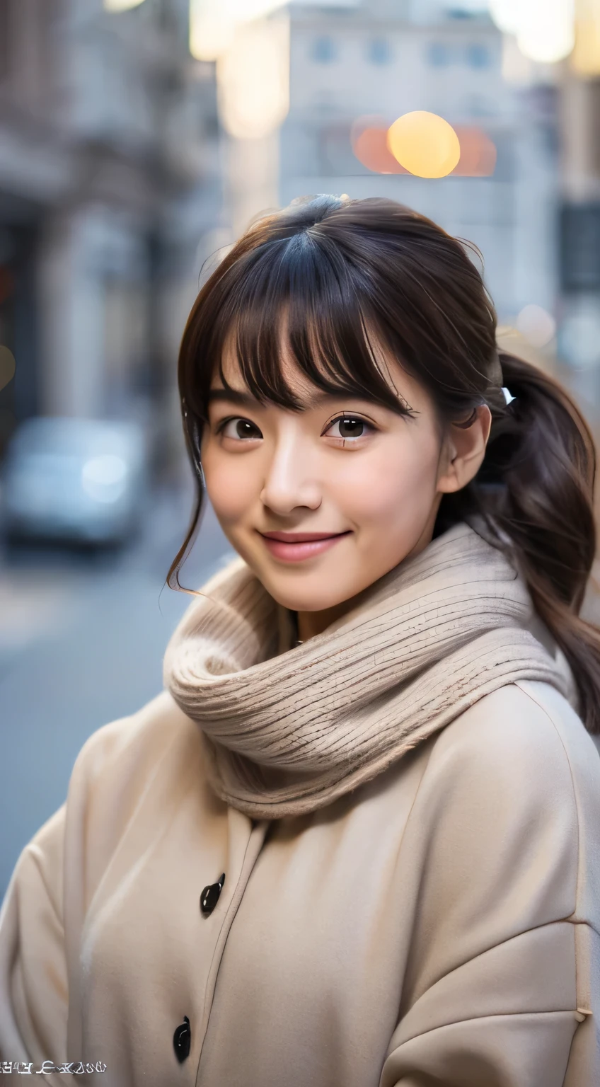 blush,random hair,big ribbon in her hair,(8K, Raw photo, highest quality, debris flies:1.2), (reality, realistic:1.4), ,sharp focus on something huge , big breasts, cinematic lighting, soft light, Details beauty eye,shiny and smooth skin, asymmetrical bangs, shiny skin, super dense skin ,High resolution, random hairスタイル, detailed hairstyle, Detailed beauty faces, hyper real, perfect limbs, perfect anatomy ,1 Japanese girl,famous japanese idol, perfect female body,shy smile,short eyelashes,double eyelid,look straight here,,Attach a ribbon, wearing a scrunchie,wearing a long coat,street,stand up straight and face me,so that the whole body can be seen,winter,warm clothes,look straight at me,wearing a scarf,european cityscape,cobblestone road,big breasts、Wearing star earrings