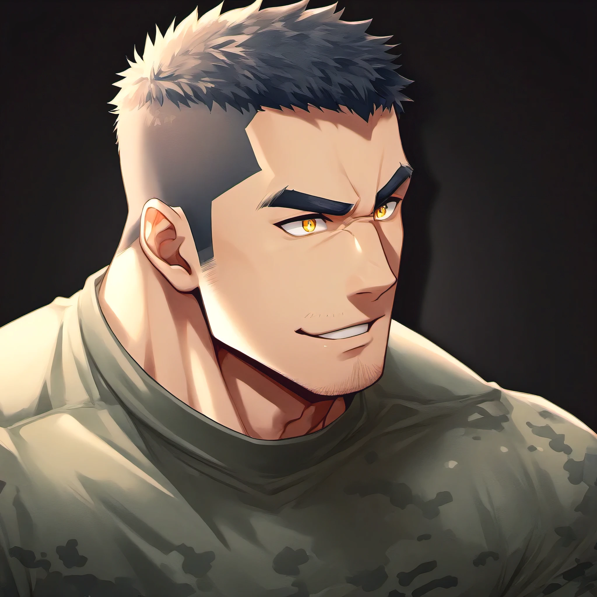 anime characters：Gyee, Soldier Brother, 1 muscular tough guy, Manliness, male focus, Camouflage tight T-shirt, Slightly transparent, muscular male, muscular, only, Upper body, alone, Black short hair, Thick eyebrows, stubble, Yellow eyes, Black background, simple background, amazing quality, best aesthetics, Ridiculous, bright pupils, crew cut, parted lips, embarrassed, forced smile, drop shadow, best quality