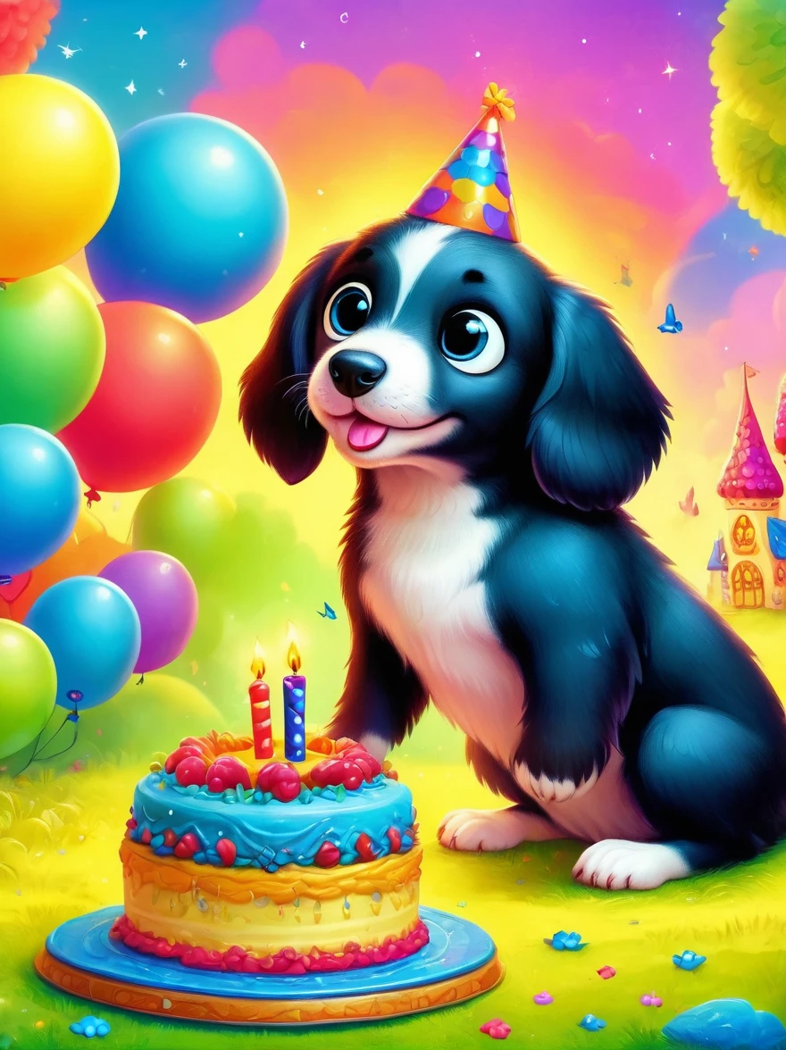 puppy, (strongly elongated snout), Geburtstag, Torte, Vivid colors, Super high saturation, RGB color, Bright