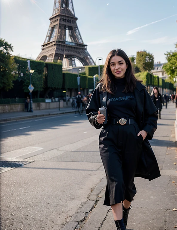 fashion influencer walking down a street at paris, smile, happy, ((Eiffel Tower)), 2023 FW, fashion week, trendy clothing, ((versace)), (full body: 1.3), shot on leica sl2, (luxury advertising photography: 1.2), motion blur, (graflex speed graphic: 1.4), lens flare, high-end fashion photoshoot, editorial fashion photography