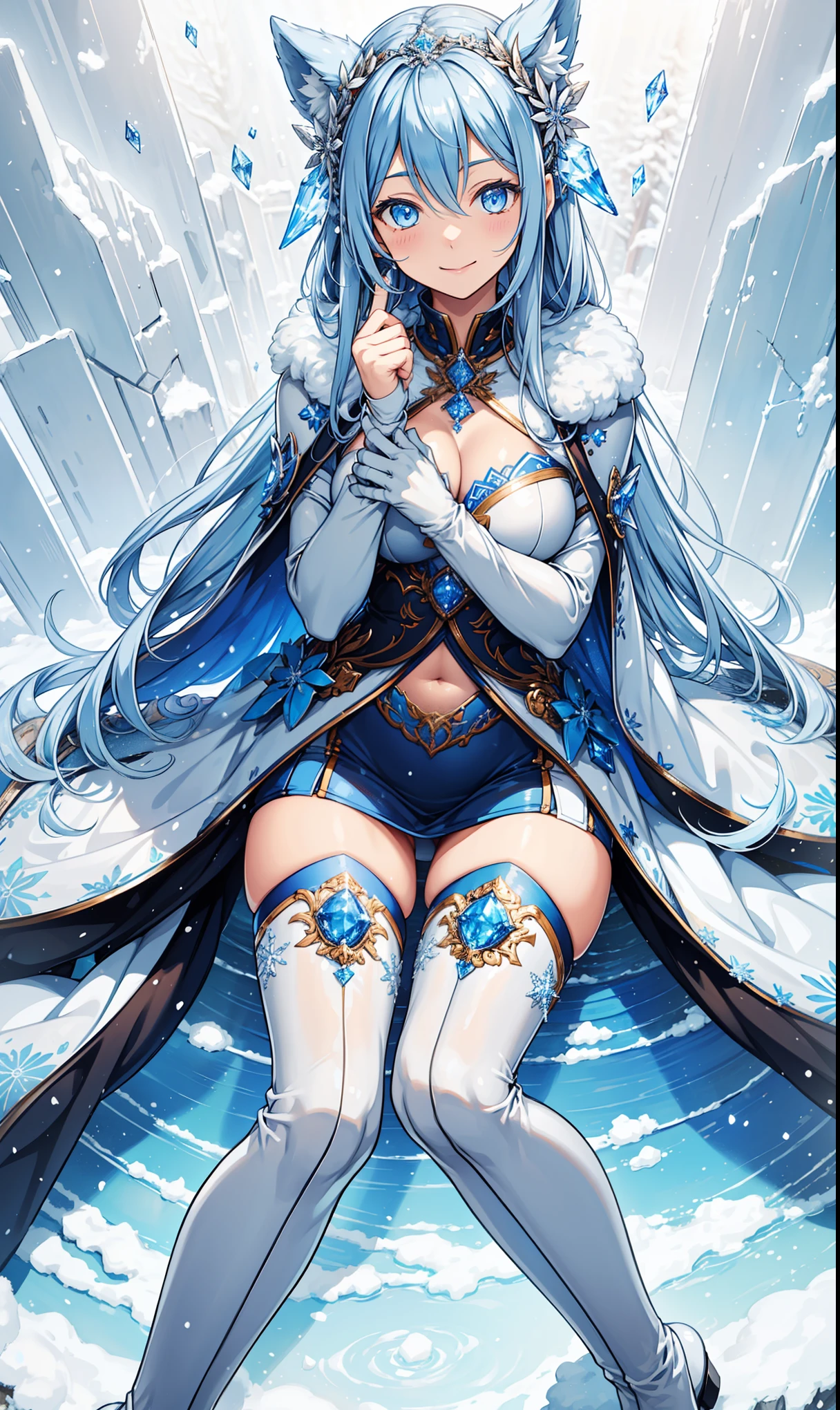 (masterpiece, best quality:1.2), solo, 1girl, hair over one eye, blue eyes, cleavage, Gentle smile, Winter coat (white), Boots, Winter forest, aurora borealis, Night, Wolf,#quality(8k,Highly detailed wallpaper, masterpiece,High resolution,top-quality,top-quality real texture skin,Surreal,Increase the resolution,highest quality,Very detailed,wallpaper,Cinematic,Golden Ratio), break ,#(girl、Too much exposure、Semi-nude、Bold sexy pose),1 Girl(whole body)