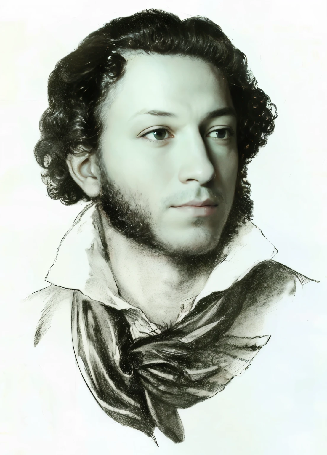 arafed portrait of a man with a scarf, portrait of Alexander Pushkin, (((curly hair))), (((Shaved face but thick sideburns))), (((Shaved chin))), by Karl Bryullov, (((Masterpiece))), highly detailed image, pencil drowning, photorealistic facial features, ultra-detailed, best quality, artgerm, trending on artstation, official art, unity 8k wallpaper, HDR, 4k, 8k, HD,