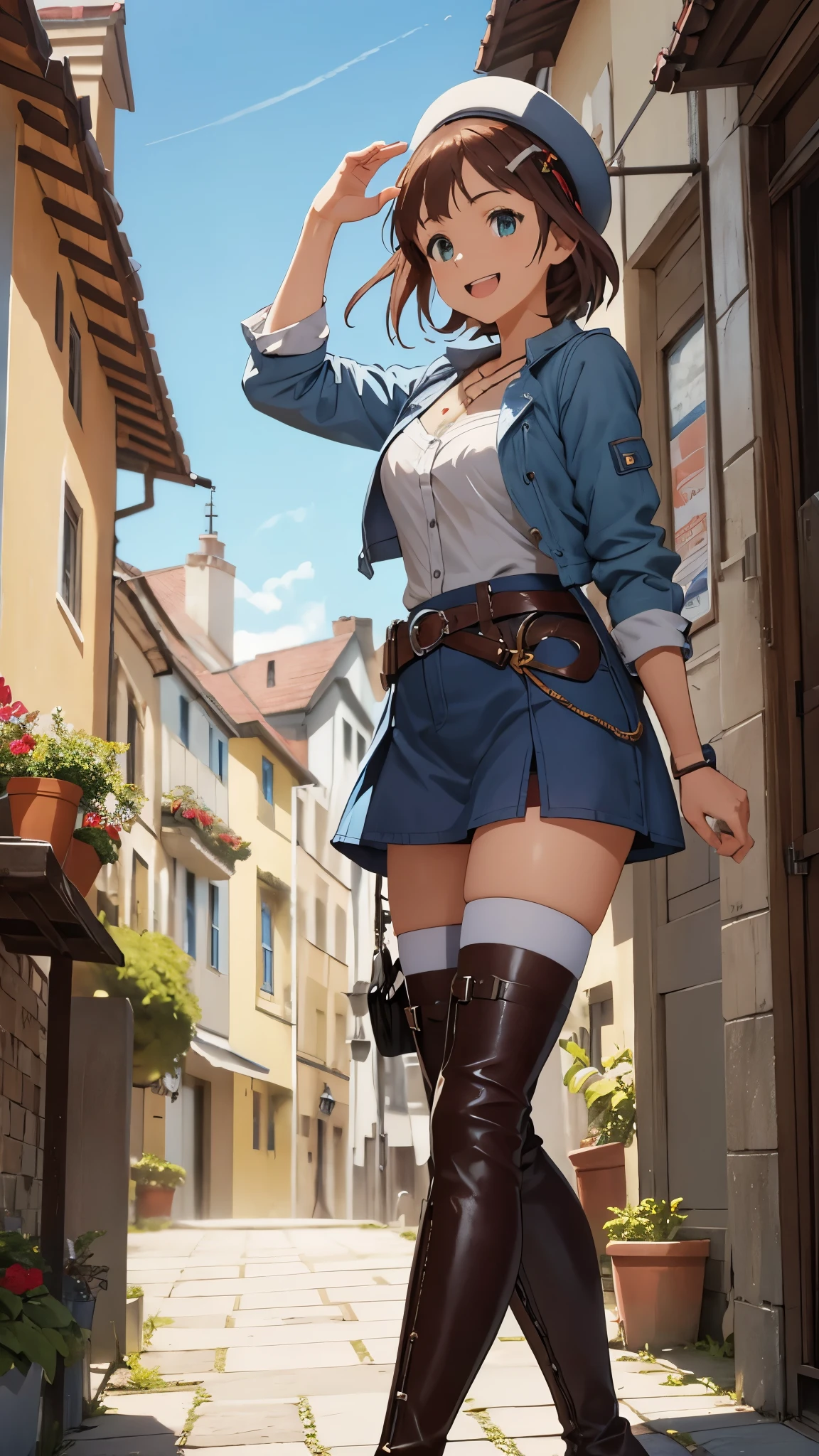 CG, unity, 8k, wallpaper, highest quality, masterpiece, 1 girl, haruka amami, cowboy shot, standing, looking at viewer, outdoors, waving, smile, open mouth, Knee-high boots, thighs, sexy, best lighting, complex pupils, complex textile, realistic skin texture, detailed background, (Traditional stone town in Europe), (blue sky: 1.5)