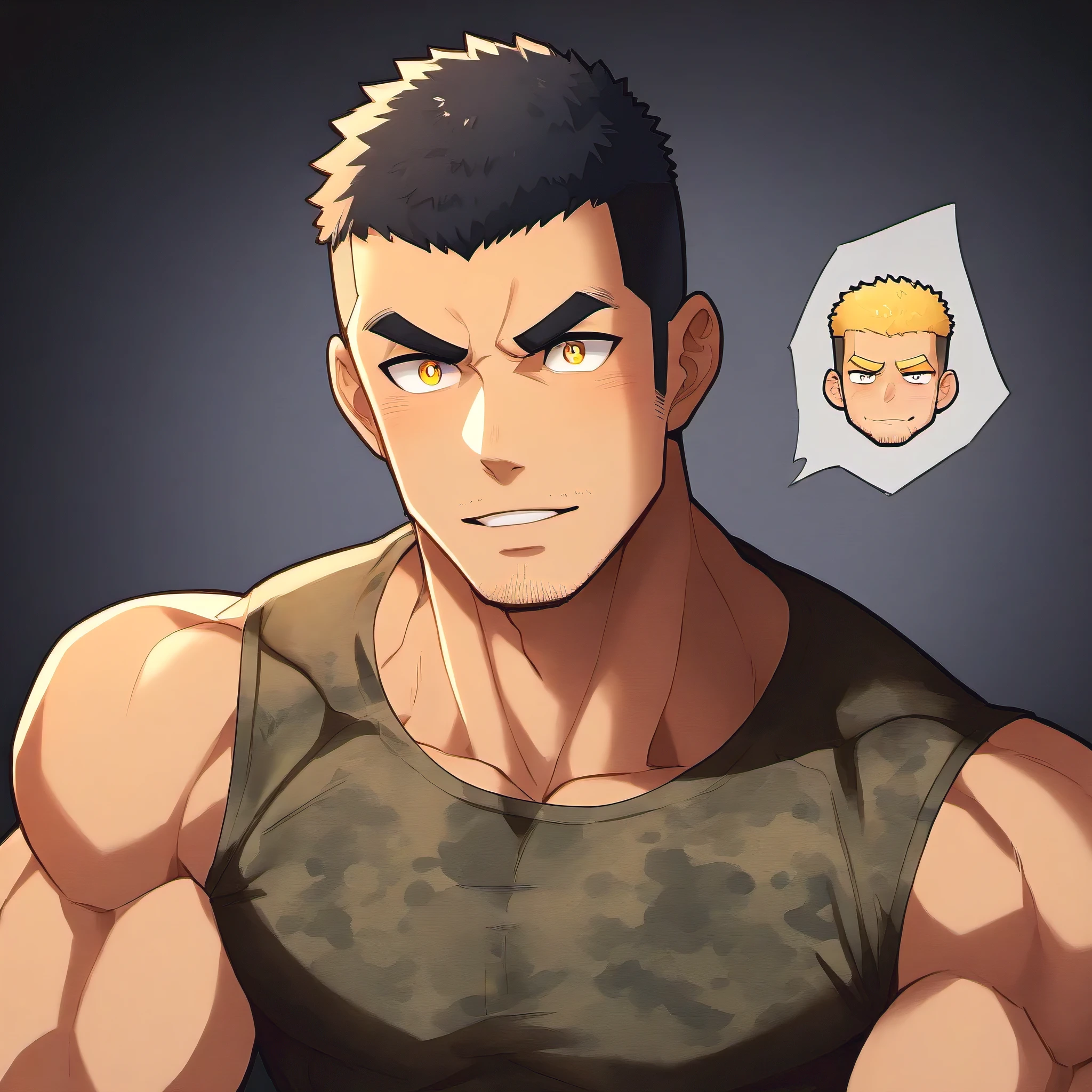 anime characters：Gyee, Fitness coach, 1 muscular tough guy, Manliness, male focus, Camouflage sleeveless T-shirt, Very tight, Slightly transparent, muscular male, muscular, only, Upper body, alone, Black short hair, Thick eyebrows, stubble, Yellow eyes, Black background, simple background, amazing quality, best aesthetics, Ridiculous, bright pupils, crew cut, parted lips, embarrassed, forced smile, drop shadow, best quality