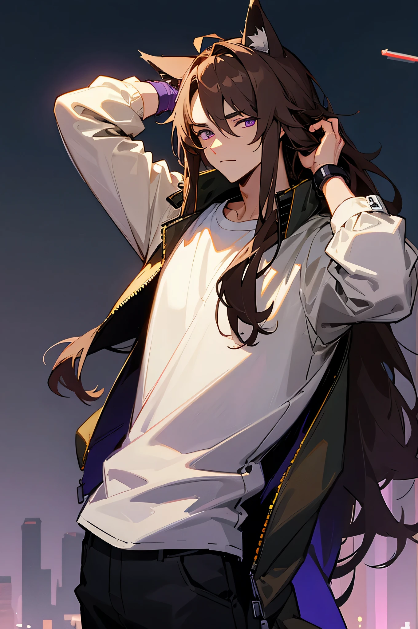 male, young adult, jet jacket, night city background, Shackles, Wolf eyes, long brown hair and a white shirt leaning on his head, purple eyes, wolf ears.