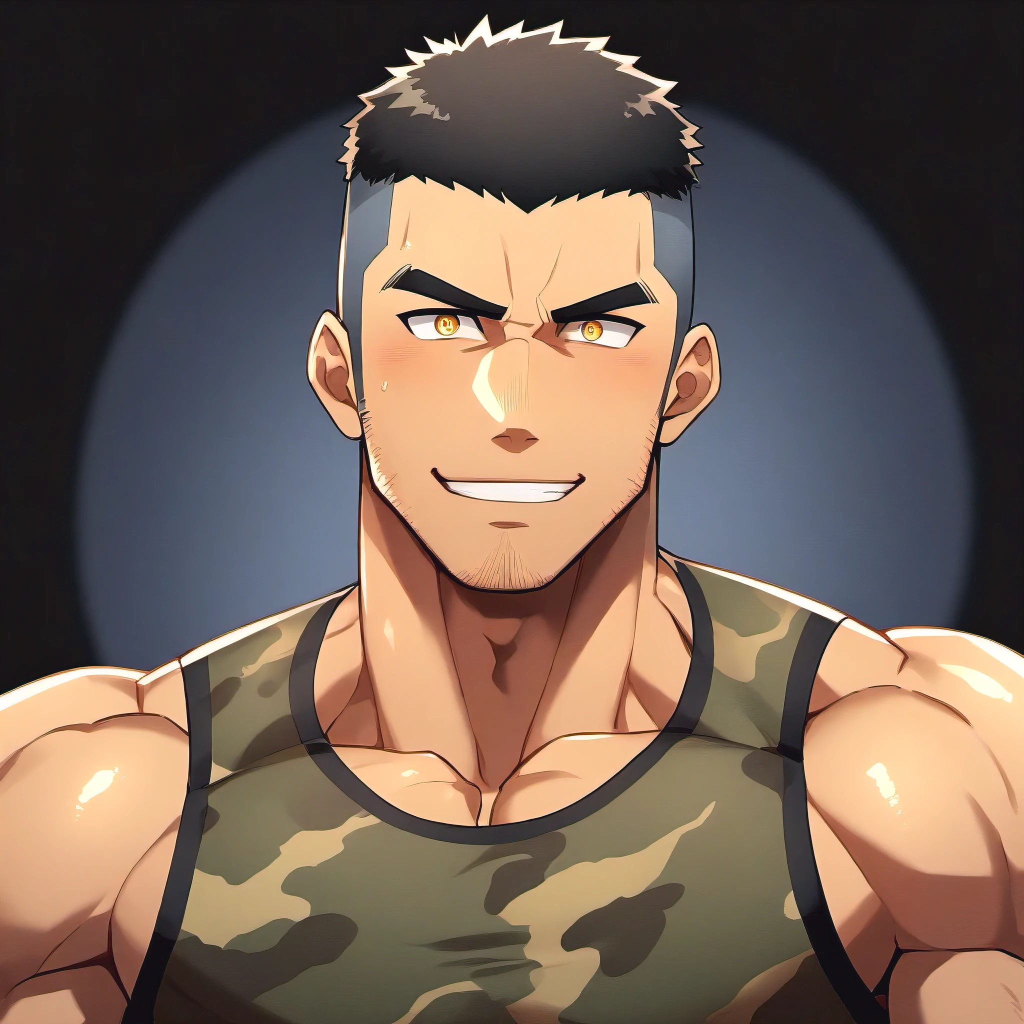 anime characters：Gyee, Fitness coach, 1 muscular tough guy, Manliness, male focus, Camouflage sleeveless T-shirt, Very tight, Slightly transparent, muscular male, muscular, only, Upper body, alone, Black short hair, Thick eyebrows, stubble, Yellow eyes, Black background, simple background, amazing quality, best aesthetics, Ridiculous, bright pupils, crew cut, parted lips, embarrassed, forced smile, drop shadow, best quality