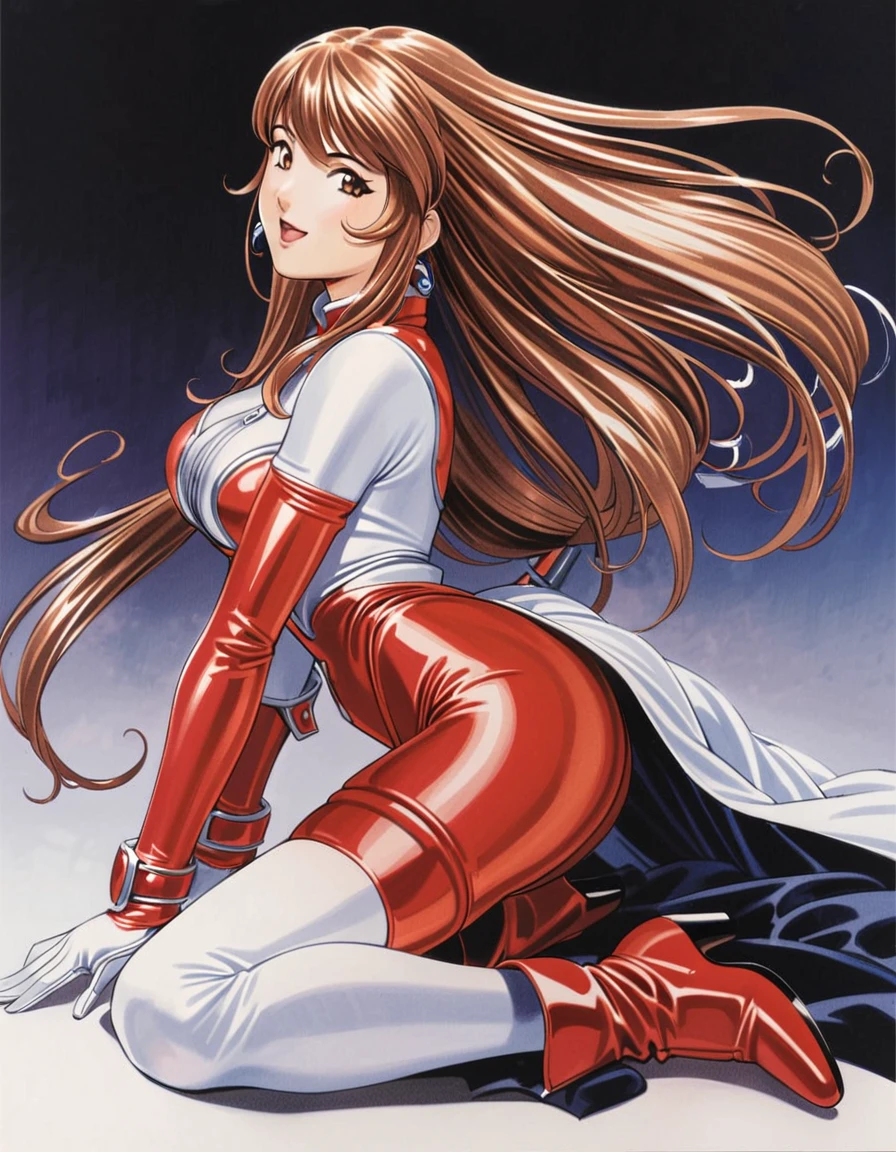 masterpiece, highest quality, divine quality, godlike art, highly detailed face, very realistic, Erica Fontaine, 1 girl, alone, cute, long hair, low-tied long hair, boots, thigh boots, black stockings, gloves, brown hair, feather, brown eyes, smile, red bodysuit, earrings, white shoes, jewelry, open your mouth, high heels, looking at the viewer, white gloves, white stockings, traditional media,