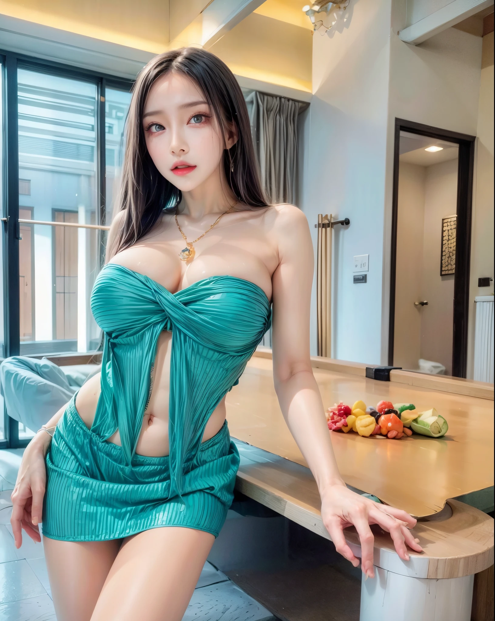 realistic, 1gril, per HD, 12k, beautiful breasts, looking at the camera, sitting on the sofa, long black hair, facial details, detailed person, body details, clothing details, hair details, body details, body details, breast details, vagina details, clothes, eye details, sweat details, water details, pose (knees bent and legs wide apart) whole body