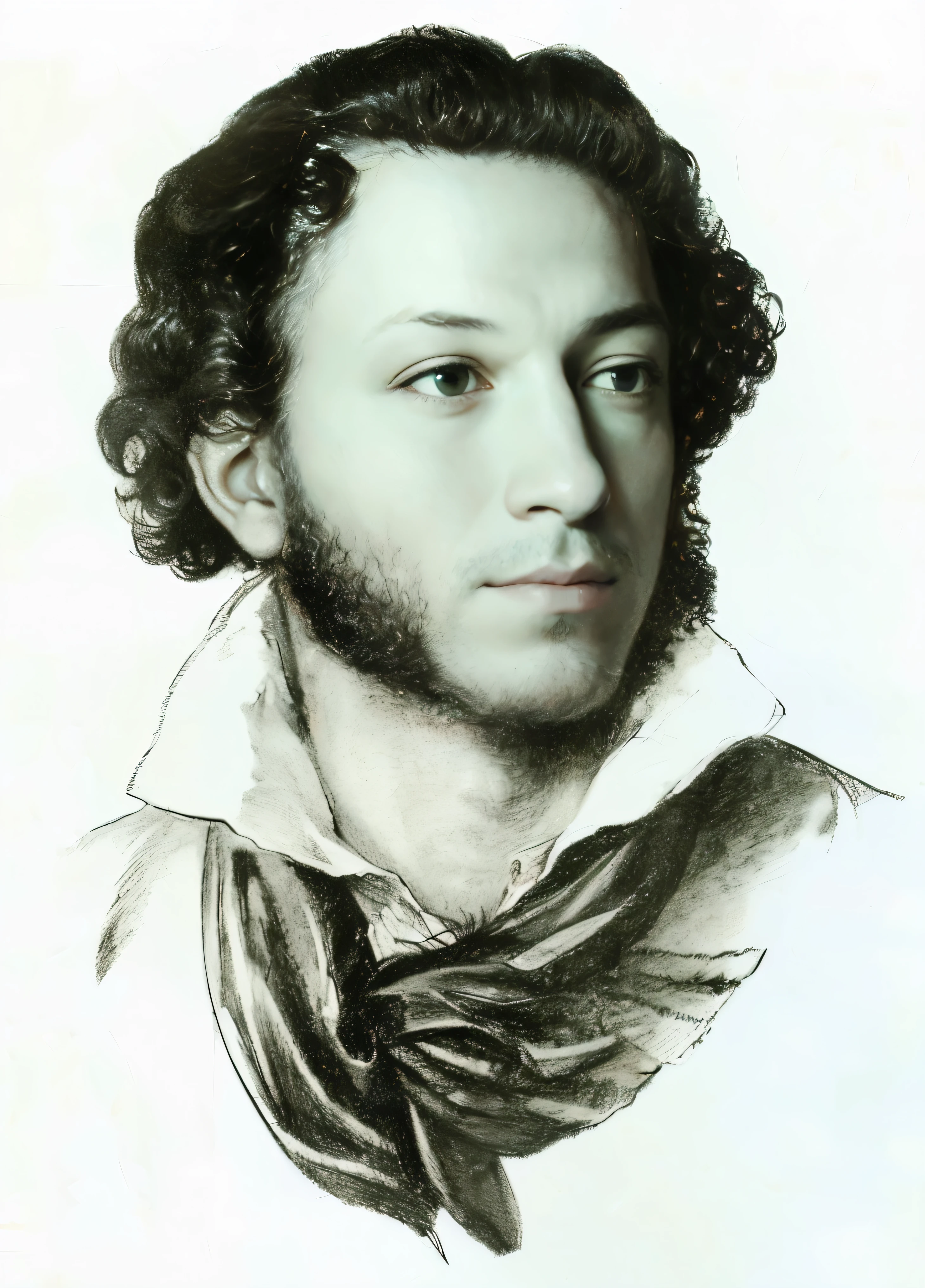 arafed portrait of a man with a scarf, portrait of Alexander Pushkin, (((curly hair))), (((Shaved face but thick sideburns))), (((Shaved chin))), by Karl Bryullov, (((Masterpiece))), highly detailed image, pencil drowning, photorealistic facial features, ultra-detailed, best quality, artgerm, trending on artstation, official art, unity 8k wallpaper, HDR, 4k, 8k, HD,
