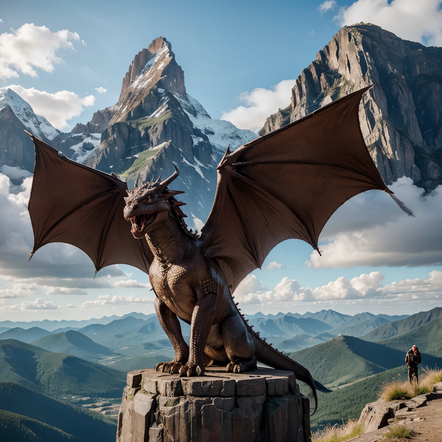Build me a dragon with an open mouth that is realistic and bigger than the largest mountain in the world