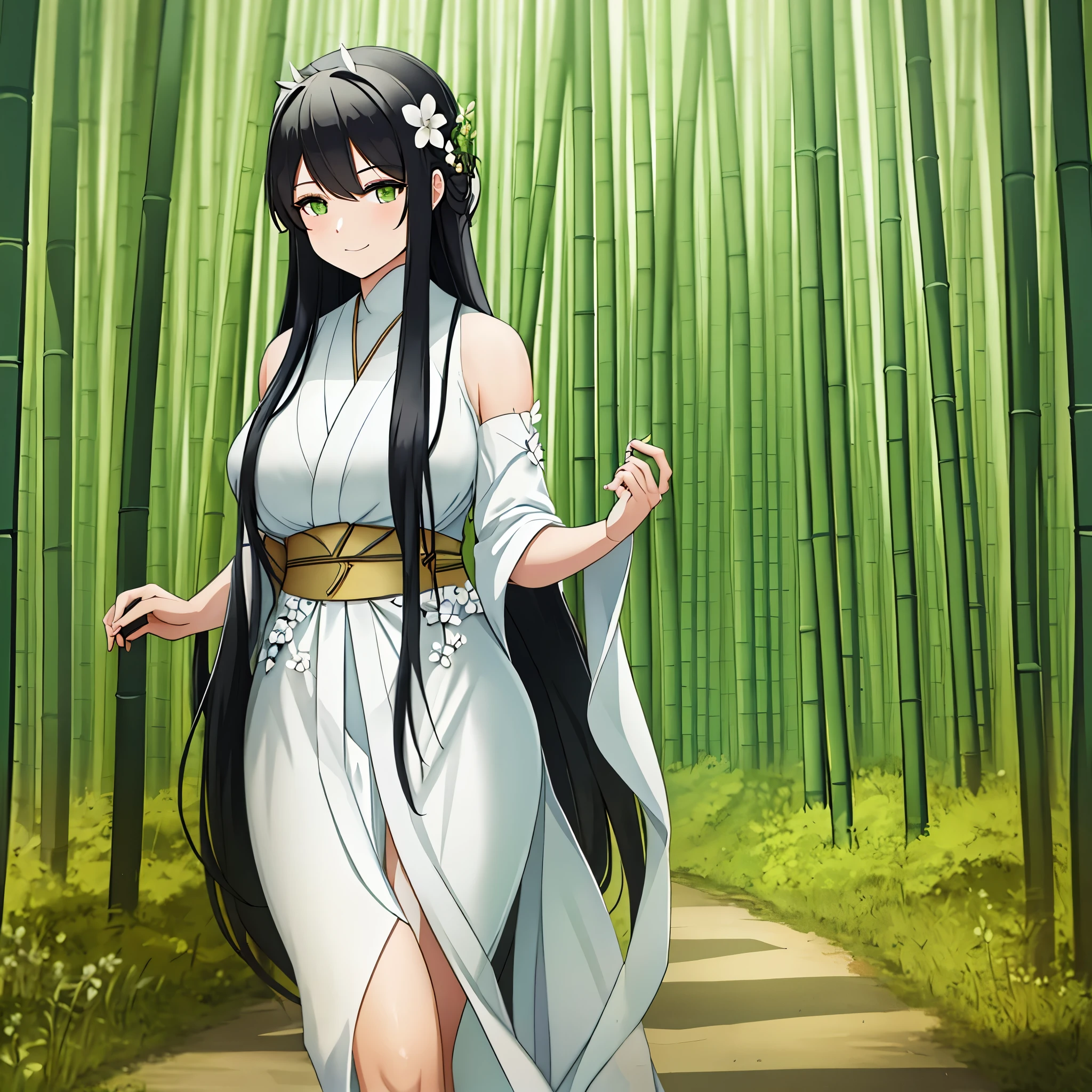 A woman wearing a white kimono with patterned green bamboo designs, long black hair, moss green eyes, white flower on her head, smiling, walking in a bamboo forest, with sun illuminating the place, dirt terrain with few grass, shadows detailed, HDR, masterpiece, well defined, ultra resolution, high quality, 8k HD.
