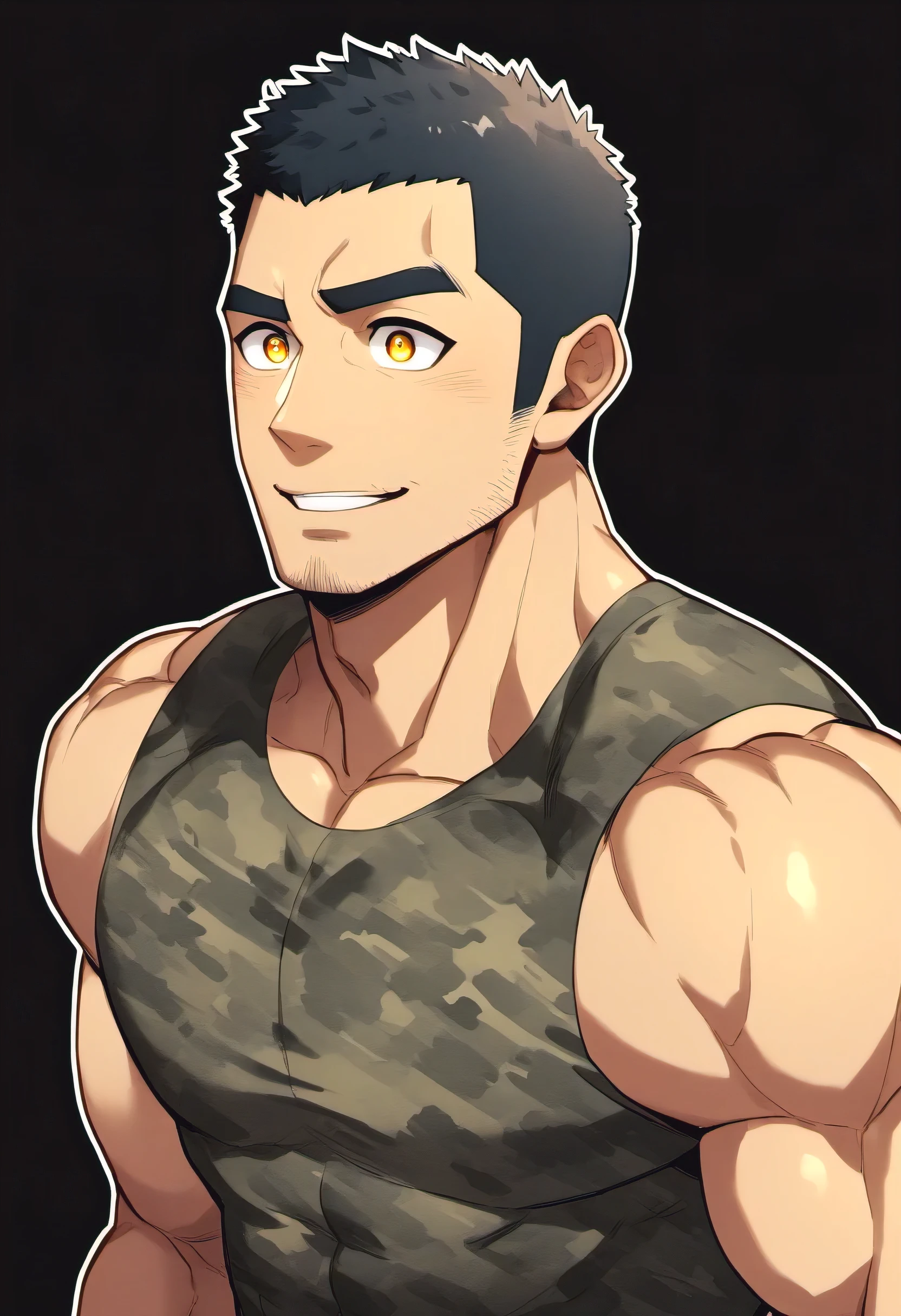 anime characters：Gyee, Fitness coach, 1 muscular tough guy, Manliness, male focus, Camouflage sleeveless T-shirt, Very tight, Slightly transparent, muscular male, muscular, only, Upper body, alone, Black short hair, Thick eyebrows, stubble, Yellow eyes, Black background, simple background, amazing quality, best aesthetics, Ridiculous, bright pupils, crew cut, parted lips, embarrassed, forced smile, drop shadow, best quality