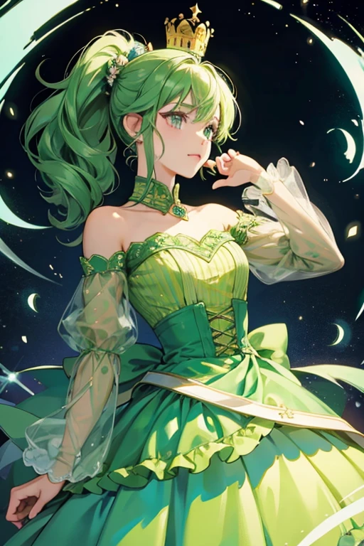 Samantha is a green skinned humanoid girl, with curly, darker green hair tied in two ponytails that reach about her waist. She has black dots for eyes, like the majority of the Adventure Time characters. She has a lime green colored dress with puffed sleeves. She wears a small yellow crown with three points. The bottom part of her crown is the same color as her dress. SPARKLE; GLITTER
