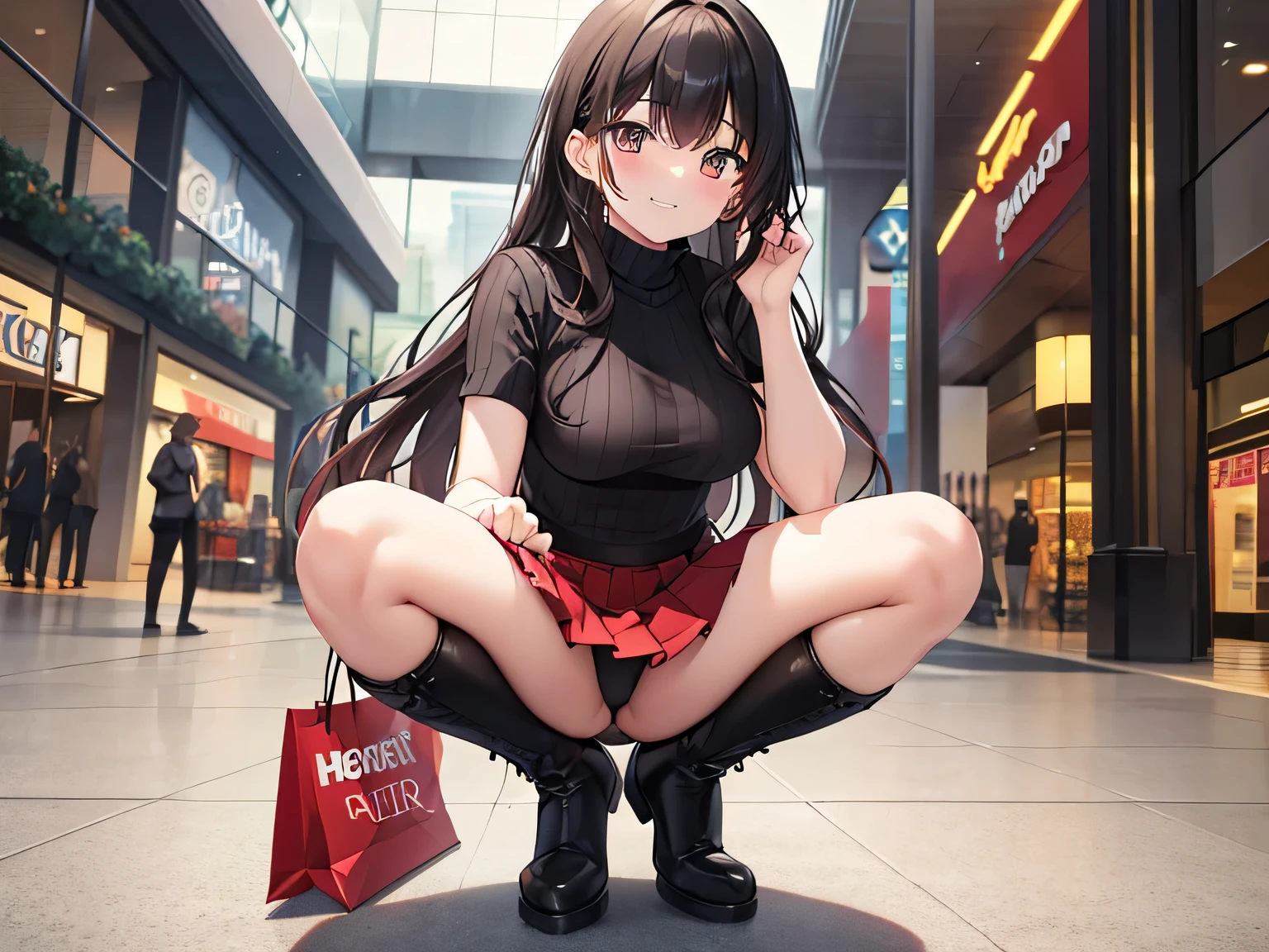 (masterpiece、highest quality、High resolution、realistic pictures、real looking skin:1.1)、
(Since it&#39;s a shopping center, the woman is squatting with her legs closed.:1.8)、
(Women should press their inner thighs together.:1.8)、
(I rest my elbows on my knees and rest on my chin.:1.6)、
(She is sitting looking directly at me:1.6)、
(she has a grin on her face:1.5)、
(She is wearing a black short-sleeved turtleneck sweater.:1.5)、
(She is wearing a red pleated mini skirt.:1.5)、
(She is wearing red mid-length boots.:1.5)、
(brown semi-long hair:1.5)、
(Location is a shopping mall:1.5)、
1 Japanese girl、solo、full body esbian、beautiful eyes、shining eyes、Shining thighs、NSFW