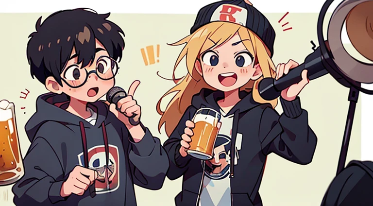 podcast, 2 big microphone,shouting,drinking beer, hysterical laughing, looking at camera | 2boys ,"boy A, black hair that has glasses, emo hair long","boy B,blonde hair,wearing hoodie,long hair,backwards baseball hat (no glasses)" 