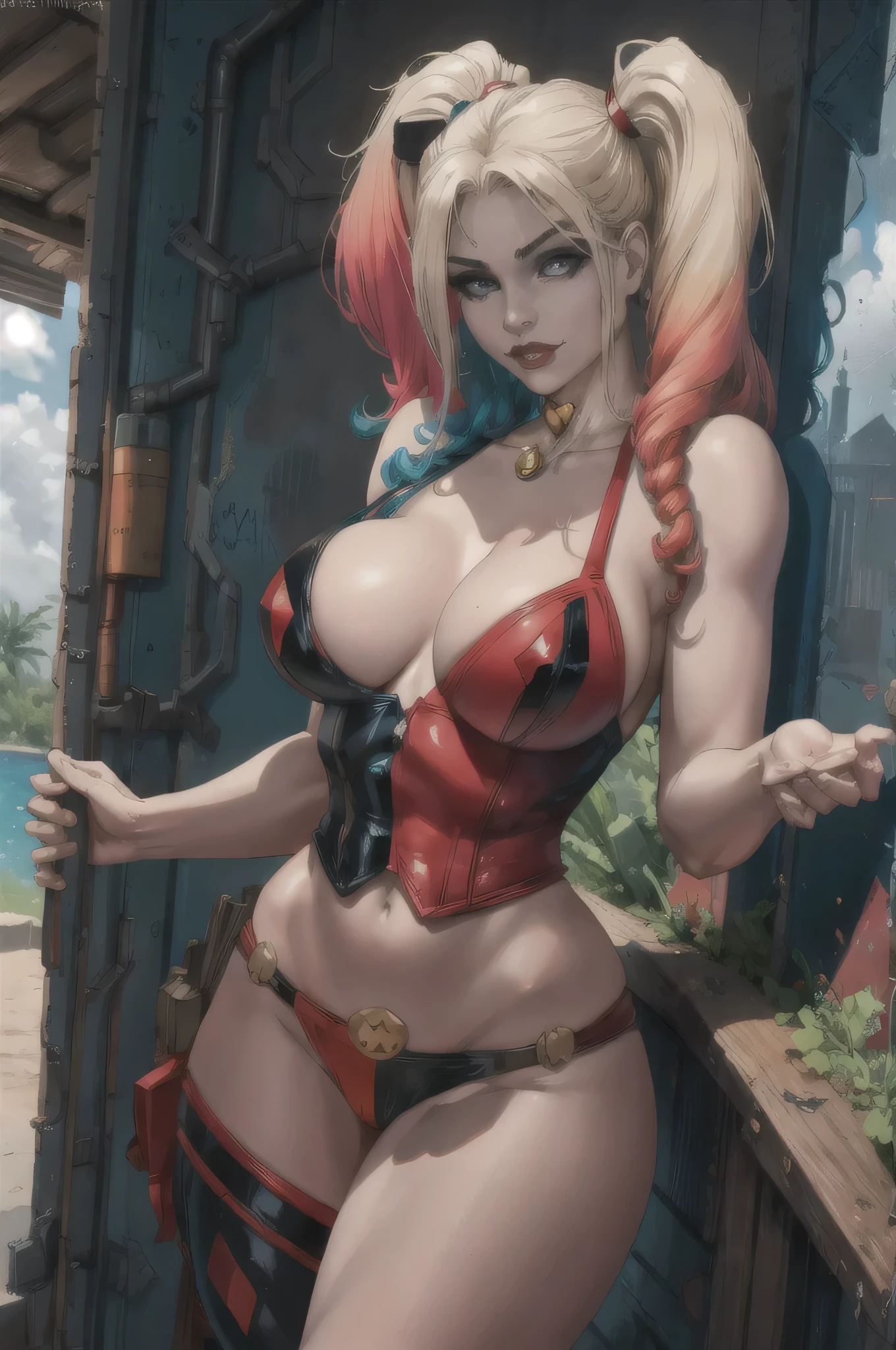 atman (Series), obra-prima,  cores vividas, wallpaper Dc DC Comics Suicide Squad Harley Quinn Studio Crimson Axis 1girls antihero antiheroine beach big breasts bikini blonde hair blue eyes busty camel Curvy Curvy figure Eyebrows eyelashes female eye Only female hair Hips hourglass figure huge human breasts big breasts fair skin fair skin feminine lips multicolored hair navel necklace one-piece swimsuit Braids thin waist solo sunset thick sweat thick legs thick thighs villainous thighs villainy voluptuous feminine voluptuous wide waist cute, morto