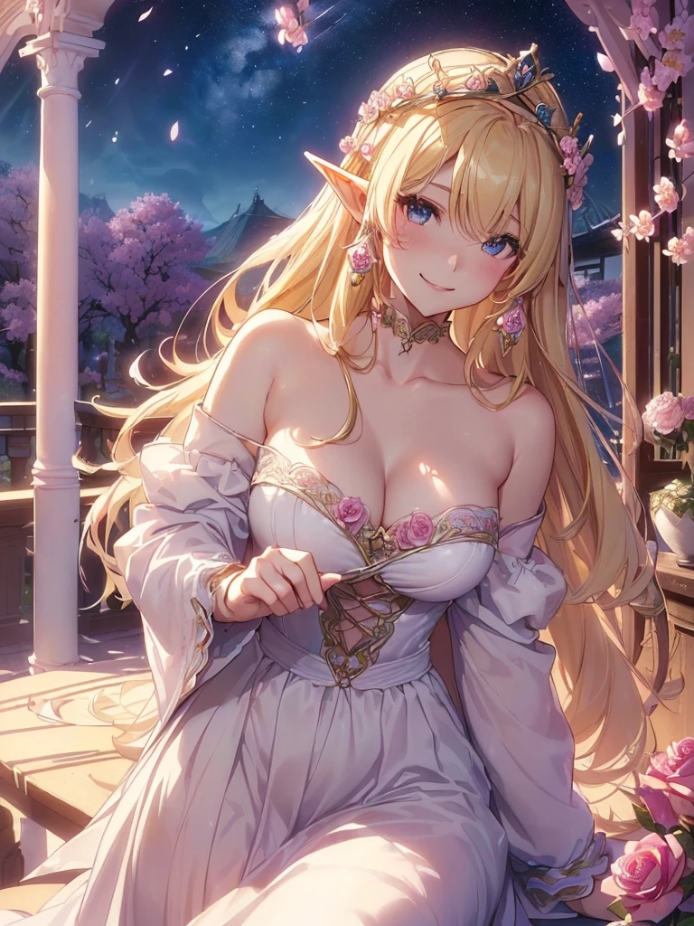 最high quality、best image quality、masterpiece、beautiful face、、titania、Super beautiful elf beauty((22 year old office lady big bust、bust 90,beautiful long ironed hair、blonde、height: 165cm。thin、sexy、cowboy shot,、Esbian、beautiful tiara、night、high quality、美しいart、Beautiful bed、Canopy、、pieces fly、ビジュアルart、written boundary depth、、elf ears、、lightのmagic、universe、happy smile、穏やかなlight、beautiful forest、cherry blossoms、、elegant、ticker beautiful decorative、、、mystery的な rosa、Rose、、magicのflower、flowerを作るmagic、light、 null、beautiful dressy、beautiful dress、art、Lord of the Ring、spectacular scenery、sexy、friendly smile、wonderful、cherry blossoms、舞い散るflowerびら、cherry blossomsのflower、flower畑、nature、universeのmagic、magicのlight、fantasy、flower、super REALITYa lotのRose、magic、Grow fantasy、、mysteryのlight、art nouveau、Alphonse a lot、、art、art,mystery,UHD,magicalgentle light,sexy、