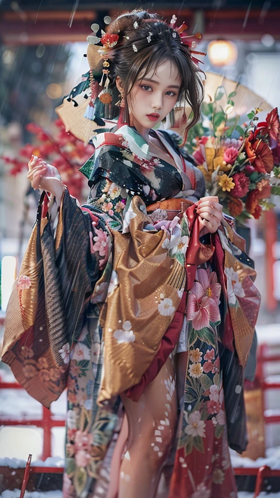 ((Low angle shooting:1.5)), (Photoreal:1.3, 8K, highest quality, masterpiece, ultra high resolution), ((heavy snow)), perfect dynamic composition:1.2, (In front of the shrine at night during the Taisho period, expression of sadness:0.9, Tears are flowing:0.9, cry with a broken heart:0.9), Highly detailed skin and facial textures:1.2, A slim courtesan wet with rain:1.3, Fair skin:1.2, sexy beauty:1.1, perfect style:1.2, beautiful and aesthetic:1.1, very beautiful face:1.2, water droplets on the skin, (rain drips all over my body:1.2, wet body:1.2, wet hair:1.3), (Professional kimono dressing:1.1, Holding a wet bouquet:1.2, How to wear a wet courtesan&#39;s kimono properly:1.35), (Medium chest, Bra is transparent, Chest gap),  (Big eyes that exude beautiful eroticism:0.8, Lips that exude beautiful eroticism:0.8), (Too erotic:0.9, Bewitching:0.9), necklace, earrings, bracelet