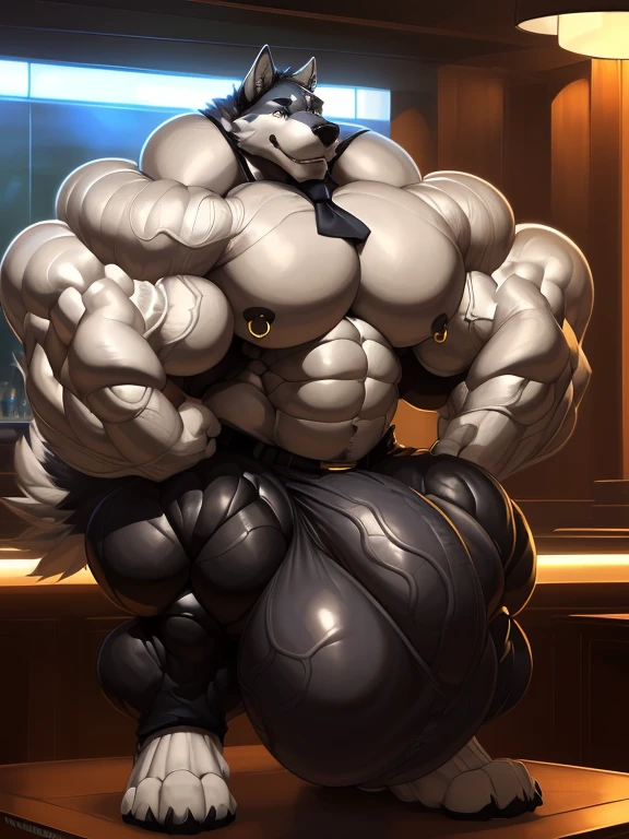4k, high resolution, best quality, perfect lightning, perfect shadows, solo, anthro, young, boy,tall white wolf:2.0, furry body, (fluffy mane:1.2), fluffy tail, male, adult, (bulky2:0, thick muscles2:0, huge muscles:2.0, hyper muscles:2.0), (thick biceps, veiny biceps, big broad veiny pecs:2.0, broad shoulders:2.0), (thick legs, thick calves:1.1), (digitigrade legs, 4 toes:1.2), (huge bulge:2.0, hyper bulge:2.0), perfect colors, (photorealistic fur, detailed fur, epic, masterpiece), (suggestive posing:1.2), (seductive smile,  grin 1.3), detailed modern bar, (tie, black shorts), detailed wolf eyes:2.0, by k0suna, by darkgem， ring，big pecs:2.0，hyper arms:2.0，veins,black massive bulge:2.0,veiny bulge