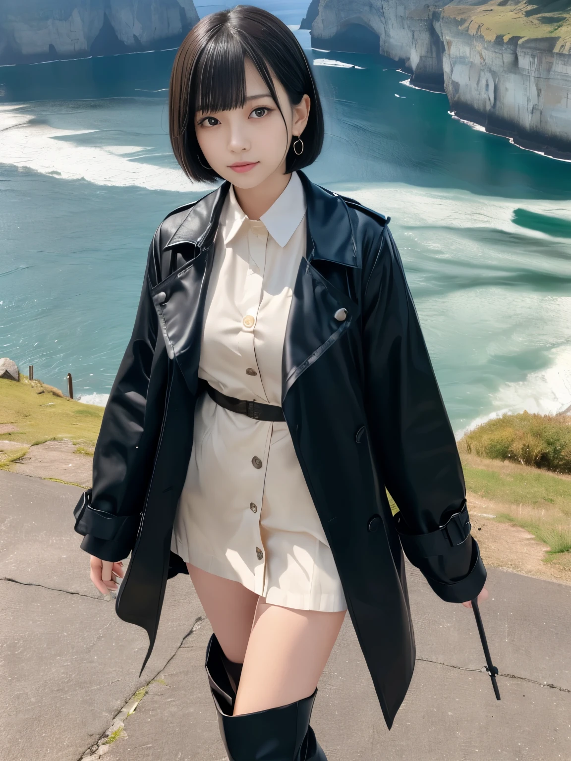 (Masterpiece, Best-quality, RAW-photo, Super-high-quality, Highest-quality, Photorealistic, 8K photo, NSFW),
(anatomically correct, accurate human body, realistic person)
(Thin waist and busty style body, 16-years-old, Realistic Japanese girl, short height, Kawaii Japanese, angelic beauty),
(knee length trench coat, long black boots, turn up the collar, close all buttons),
(whole body, full length, standing, turn the body forward, make a fist),
(maiko, angelic beauty, Round face, Black hair, Black eyes, Moist eyes, Shining eyes, Short bob cut, Bangs, Down-slating eyebrows, one little earring),
(eyes closing),
(sheer cliff, Cliff in midwinter, strong wind is blowing)
bright lighting