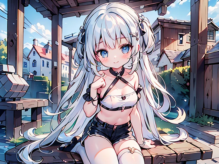 #quality(8k wallpaper of extremely detailed CG unit, masterpiece, hight resolution, top-quality, top-quality real texture skin,hyper realisitic, digitial painting,increase the resolution,RAW photosbest qualtiy,highly detailed,the wallpaper),((solo)), BREAK ,#1 girl(cute, kawaii,small kid,hair color silver,red highlighted hair,skin color white,eye color blue,eyes shining,big eyes,big breast:2.0,evil smile,short pants,tube top,full body), BREAK ,#background(noisy town,),(when drawing the hand please draw them very correctly for sure:1.4)