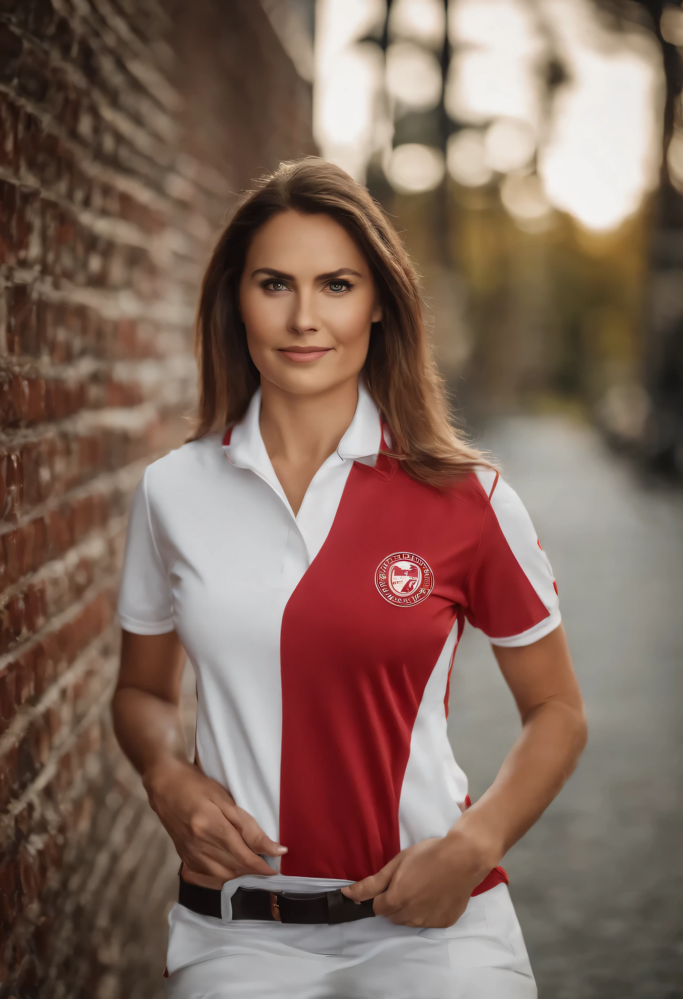 White and red nursing polo shirt with doctor theme model with IEMA school logo