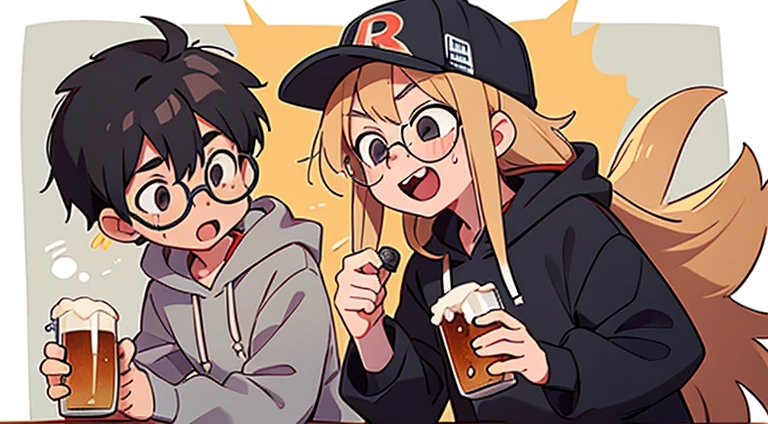 podcast, 2 big microphone,shouting,drinking beer, hysterical laughing,wild | 2boys ,"boy A, black hair that has glasses, emo hair long","boy B,blonde hair,wearing hoodie,long hair,backwards baseball hat (no glasses)"