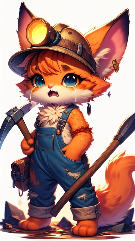 A cute fantasy monster like a orange cat, with exaggerated big ears and tail, very dirty, crying, wearing tattered jean backs, wearing a miner's hat and holding a pickaxe, is digging inside a dimly lit mine in palworld style