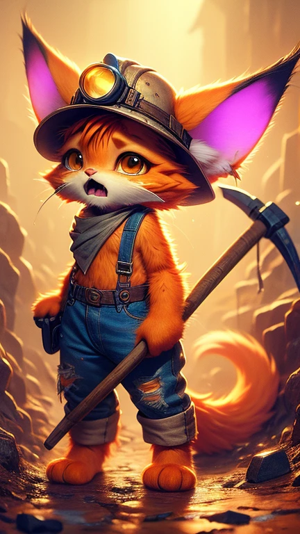 A cute fantasy monster like a orange cat, with exaggerated big ears and tail, very dirty, crying, wearing tattered jean backs, wearing a miner's hat and holding a pickaxe, is digging inside a dimly lit mine in palworld style