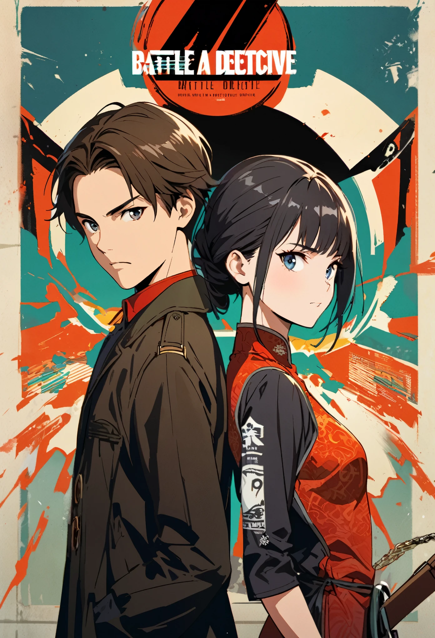 movie poster, young male detective and a woman in a Chinese dress back to back, with some elements of 007, battle manga,