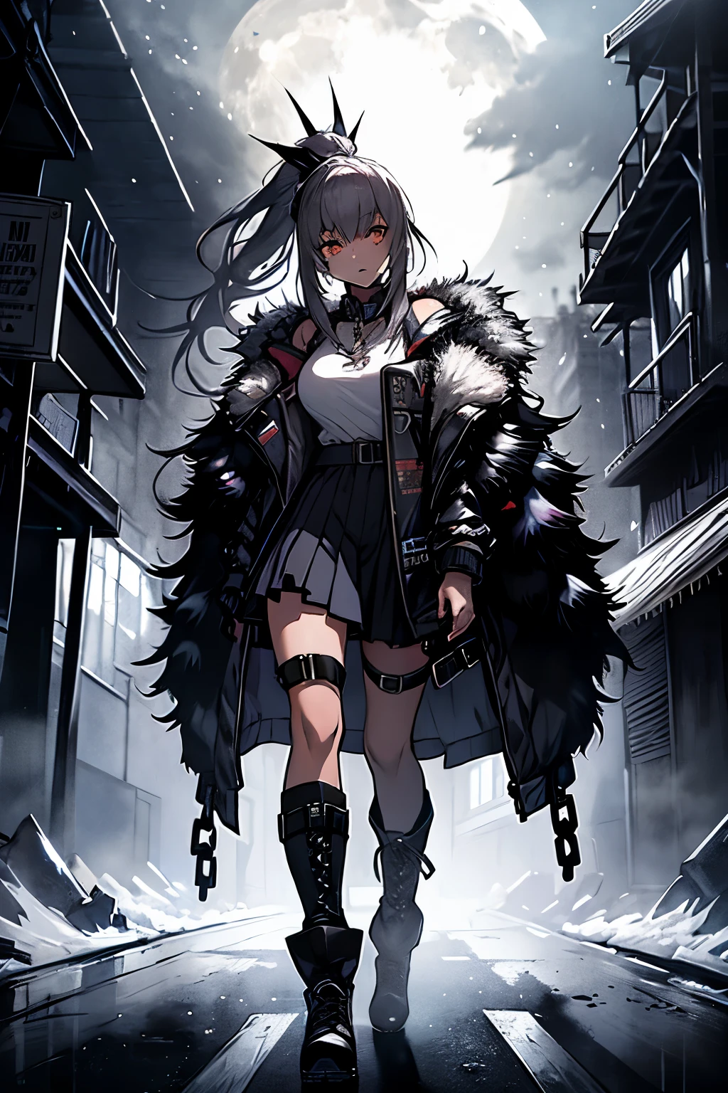 a woman, leggings, pleated skirt, sports top, high ponytail, high boots, long fur jacket, on a foggy moonlit night in a ghost town, detailed face, hyper detailed eye's, detailed lips, , with a metal chainned-colar in the neck, lineart