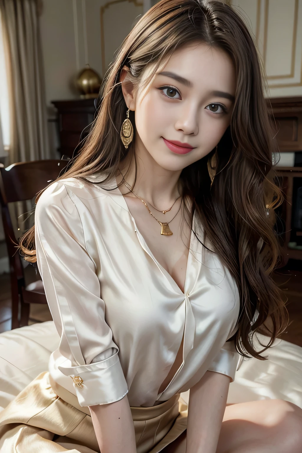 table top, highest quality, realistic, Super detailed, finely, High resolution, 8k wallpaper, 1 beautiful woman,, sharp focus, perfect dynamic composition, beautiful and detailed eyes, thin hair, Detailed realistic skin texture, smile, close-up portrait, model body shape、president'secretary、mini skirt、high heels、whole body、suit,((brown semi-long hair:1.2))((A wave that curves gently inwards:1.2)),((Gold Necklace_big earrings:1.2)),((shy smile:1.3)),((Blouse and skirt, Wearing a white silk blouse,Please wear a white shirt and a dark purple skirt.:1.3)), 、whole bodyショット、((Standing whole body figure supermodel, whole bodyがフレーム内に収まる))、in a luxurious room