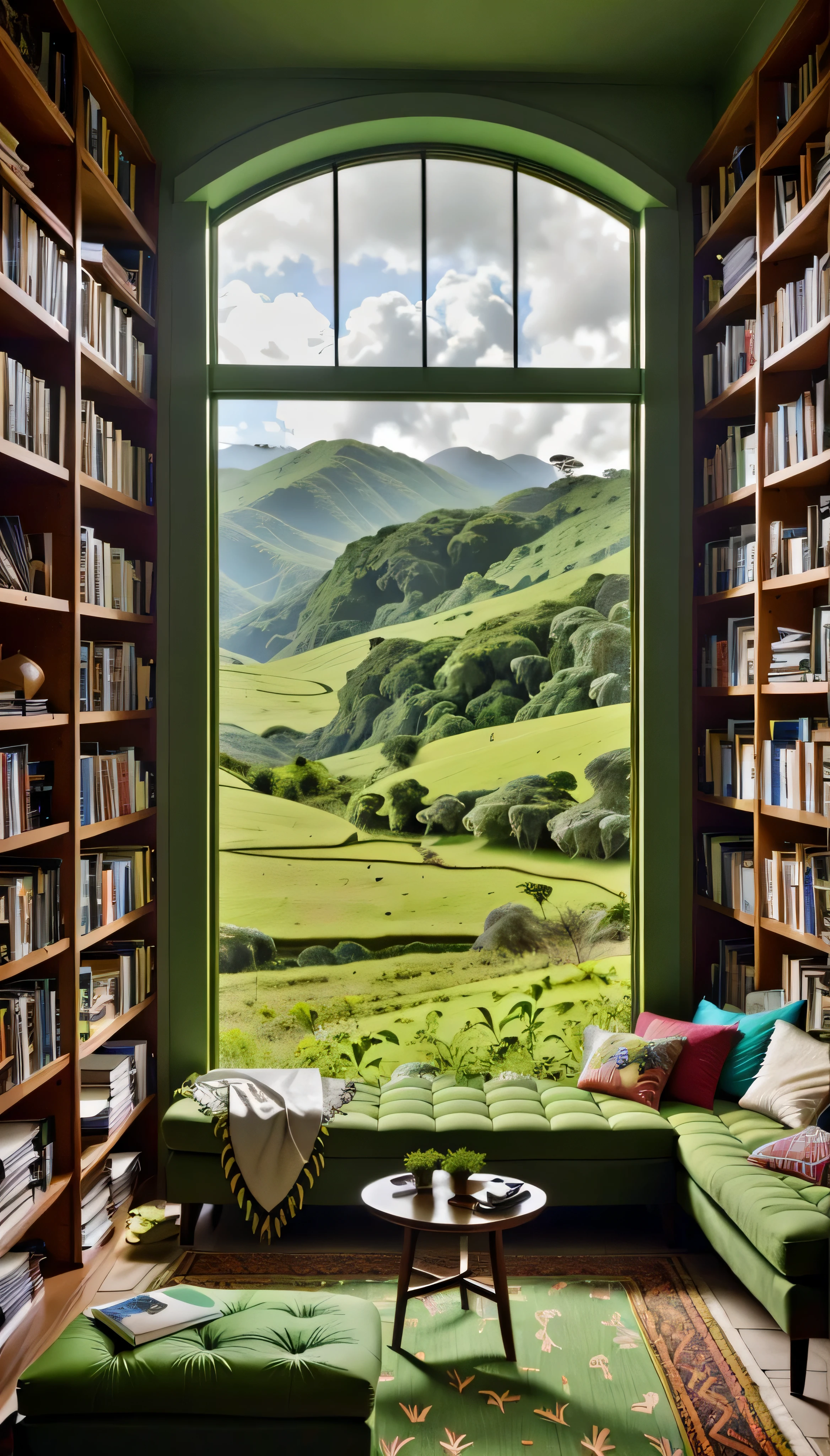 Sala de estar com vista para uma montanha e uma floresta, mountainous jungle setting, jungle setting, Como uma cena de Blade Runner, magical ambiance, pintura escura ultrarrealista, em um ambiente de selva, pleasant environment, floresta nublada, Selva bonita, ambiente mal-humorado, Selva exuberante, Inside an alien jungle, Plantas e selva, montanhas da floresta tropical, ambiente relaxante