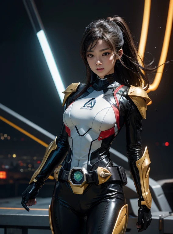 1 girl、big breasts、slim、perfect proportions、rough skin, Super detailed, advanced details, high quality, 最high quality, High resolution, 1080p, hard disk, gorgeous beauty,(kamenrider555),(female rider),body suit,combat uniform,transformation belt,battle mode,Metal,Transform into Kamen Rider,cyborg、put both hands behind your back、slave、restraint、first round、view audience、