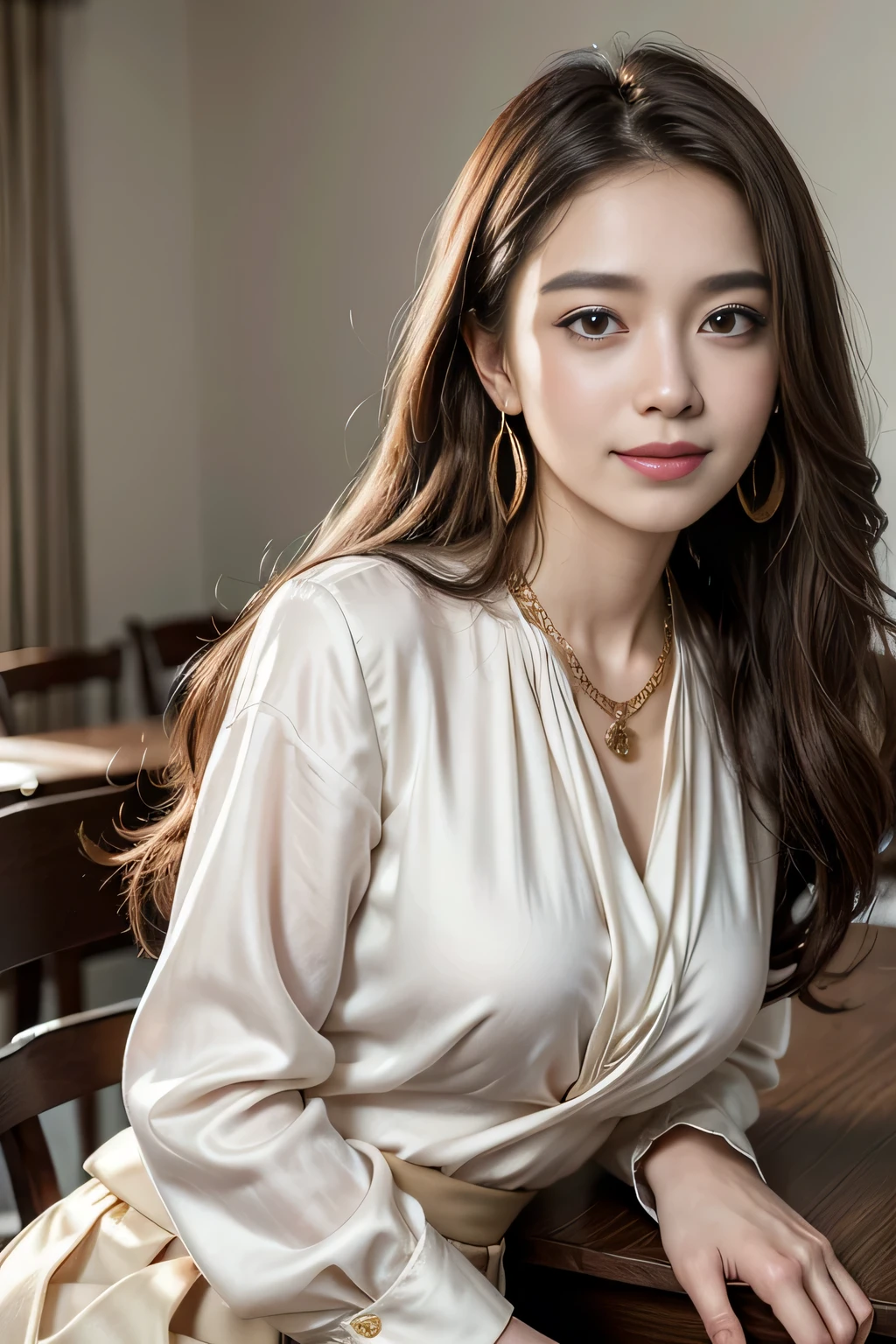 table top, highest quality, realistic, Super detailed, finely, High resolution, 8k wallpaper, 1 beautiful woman,, sharp focus, perfect dynamic composition, beautiful and detailed eyes, thin hair, Detailed realistic skin texture, smile, close-up portrait, model body shape、president'secretary、mini skirt、high heels、whole body、suit,((brown semi-long hair:1.2))((Gentle inward wavy hair:1.2)),((gold necklace_big earrings:1.2)),((shy smile:1.3)),((blouse and skirt, Wearing a white silk blouse,Please wear a white shirt and a dark purple skirt.:1.3)), 、whole bodyショット、((Standing whole body figure supermodel, whole bodyがフレーム内に収まる))、in a luxurious room、