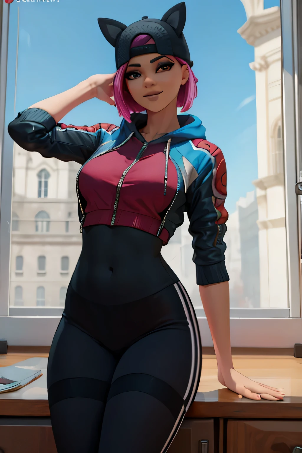 1 chica, (obra maestra), (Mejor calidad), de pie, (solo), mirando al espectador, alto detallado,Extremadamente detallado, Ojos finos, sonrisa,dynamic pose, pelo corto rosa,gorra,top corto, chaqueta,guante sin dedos,con curvas,bosque,anteojos,(leggins grises),(retrato:1.2),