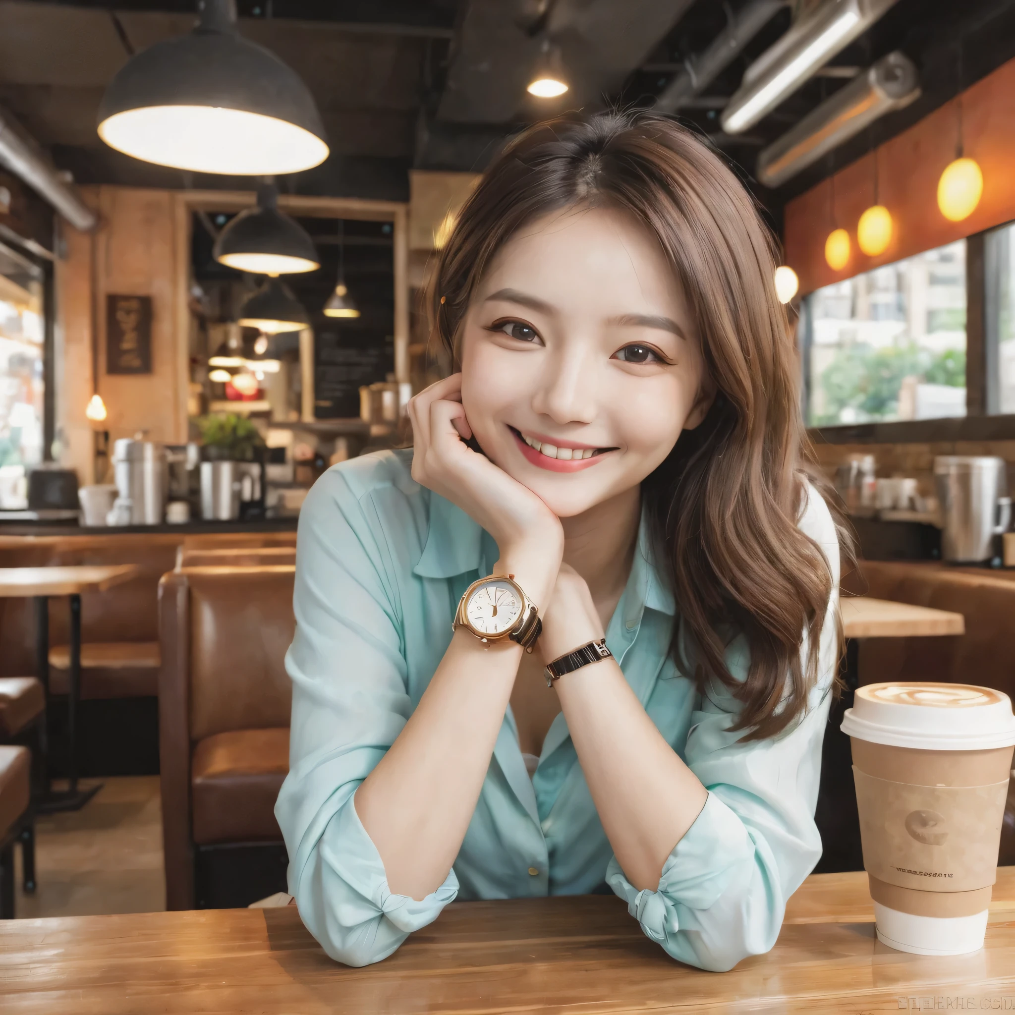 masterpiece、muste piece、highest quality、Award-winning、Woman relaxing in a coffee shop、happy smile、Watch the audience、Fashionable、Wear bright clothes、The background is a coffee shop