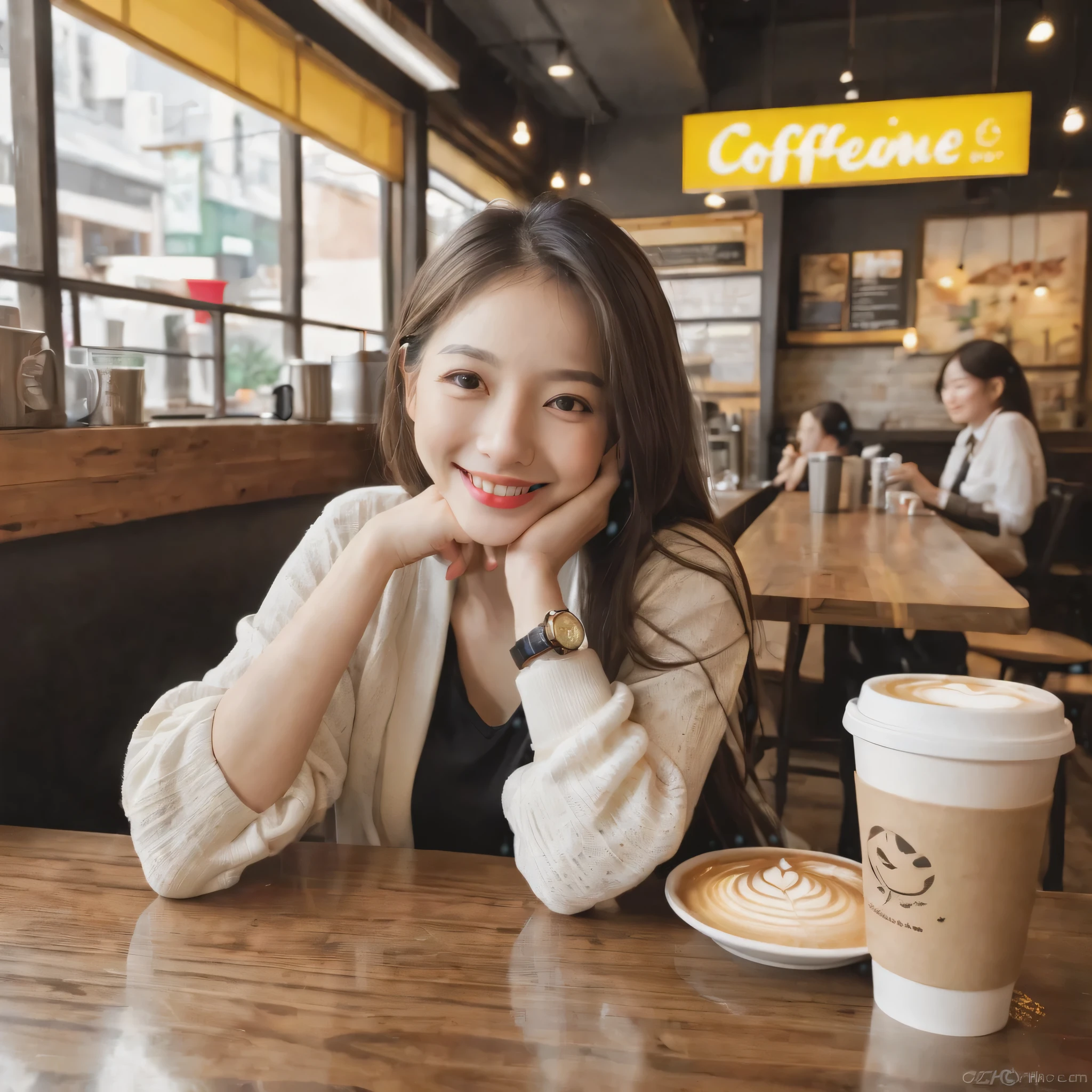 masterpiece、muste piece、highest quality、Award-winning、Woman relaxing in a coffee shop、happy smile、Watch the audience、Fashionable、Wear bright clothes、The background is a coffee shop