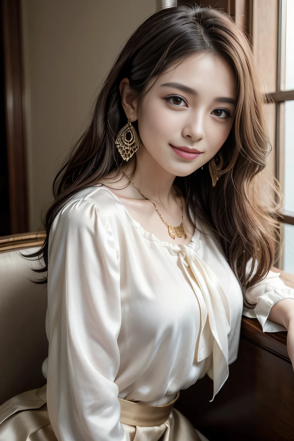 table top, highest quality, realistic, Super detailed, finely, High resolution, 8k wallpaper, 1 beautiful woman,, sharp focus, perfect dynamic composition, beautiful and detailed eyes, thin hair, Detailed realistic skin texture, smile, close-up portrait, model body shape、president&#39;secretary、mini skirt、high heels、whole body、suit,((brown semi-long hair:1.2))((Gentle inward wavy hair:1.2)),((gold necklace＿big earrings:1.2)),((shy smile:1.3)),((blouse and skirt, Wearing a white silk blouse,Please wear a white shirt and a dark purple skirt.:1.3)), 、whole bodyショット、((Standing whole body figure supermodel, whole bodyがフレーム内に収まる))、in a luxurious room、