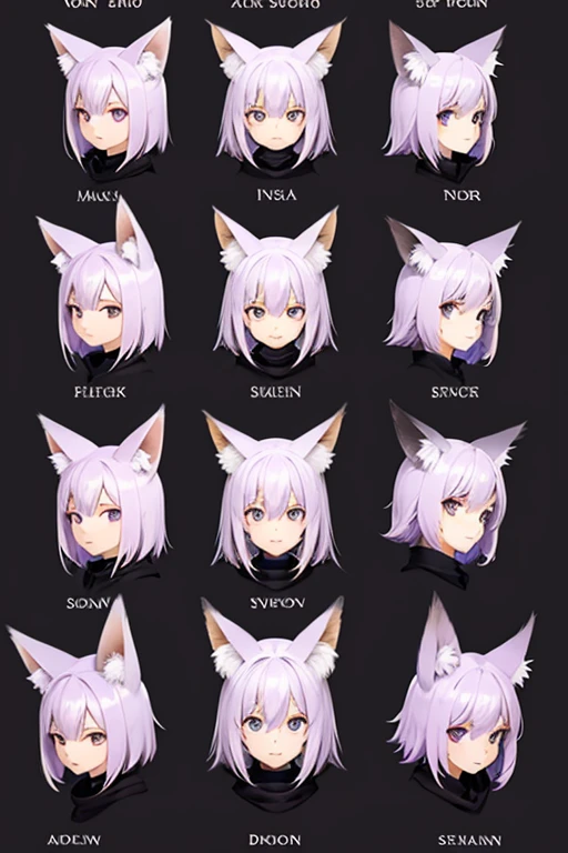 character design sheet，Light purple hair and eyes, individual，cute，With fox ears，witch，facial details，plain view，whole body，