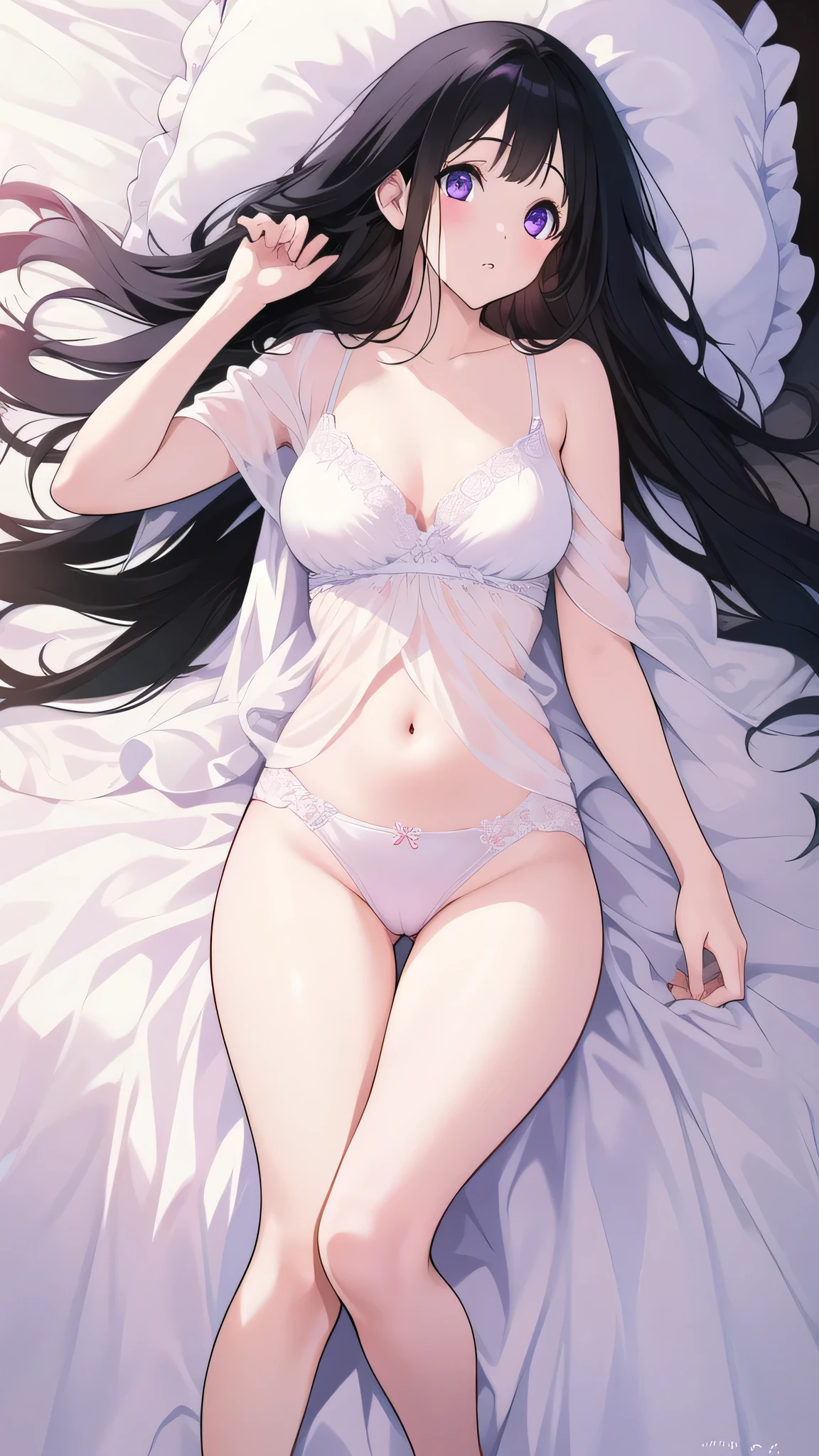 Stunning Chitanda, There is only one beautiful girl,purple eyes, black hair, Naturally straight hair, straight bangs,extremely refined,lips open,flowing long hair,Peerless beautiful girl, dreamlike,Slim,soft, (Sensual), (kawaii), Dream quality,Completely naked,no underwear,Lying in bed,bare shoulders,Clavicle exposed,bare neck,Bare thighs,Exposing the groin,camel toe,bare legs,barefoot,extremely shy,ultra high resolution, (masterpiece:1.2, best quality), (Exquisite and beautiful eyes: 1.2), (Beautiful and delicate face)