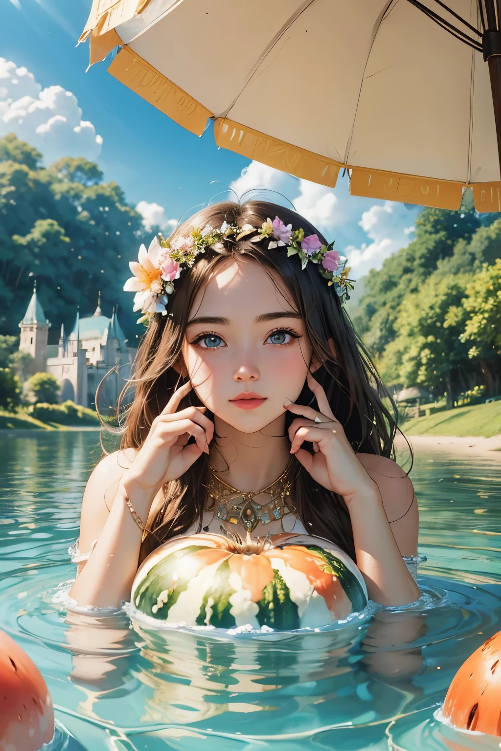 Summer fun Queen Women Goddess 8k Resolution Rendered Hyper Realistic Intricate Detail lives in an a sunny temple of flower and water, a fanciful place filled with castles, water melon, ice tea, lakes, beach balls, swimming, water fun, and fluffy clouds, An intricate visual representation of computer programing, rendered in 24k resolution with intricate details and symbols, oil painting, perfect fingers, and perfect hands, her skin is browning from the summertime sun,