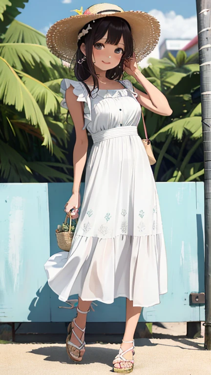 Detailed background、top-quality、the beach、Beauty 20 generations 3 people、Cute hairstyle、huge-breasted、Smiling、Feminine and cool one-piece style、Choose a flared skirt or maxi dress、Choose cool materialatch your feet with sandals or espadrilles、Add a resort feeling with straw hats and tote bags.、Bright colors and patterns、By incorporating ruffles and lace details、Create a feminine appeal