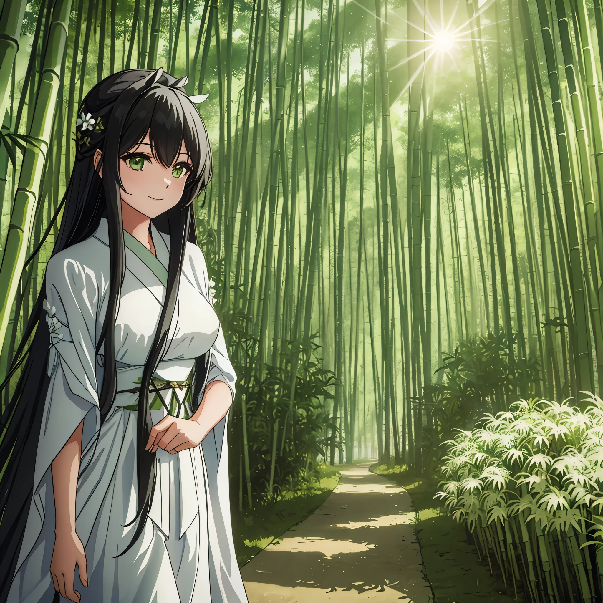 A woman wearing a white kimono with patterned green bamboo designs, long black hair, moss green eyes, white flower on her head, smiling, walking in a bamboo forest, with sun illuminating the place, dirt terrain with few grass, shadows detailed, HDR, masterpiece, well defined, ultra resolution, high quality, 8k HD.
