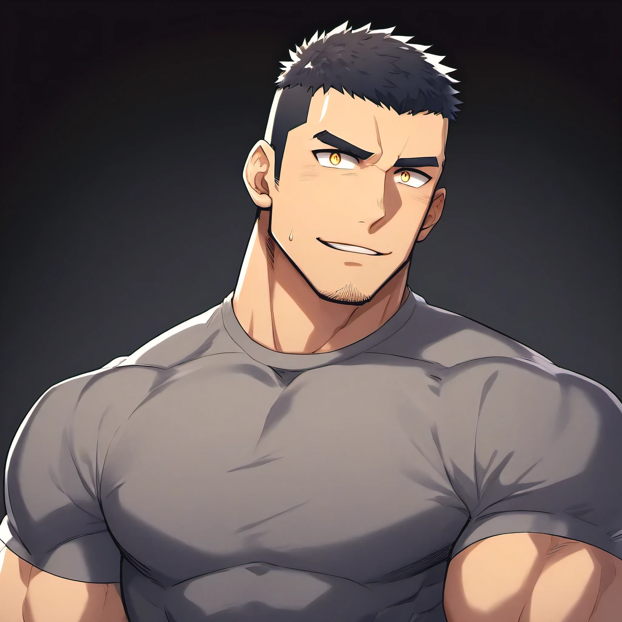 anime characters：Gyee, Fitness coach, 1 muscular tough guy, Manliness, male focus, Cement grey tight T-shirt, Slightly transparent, muscular male, muscular, only, Upper body, alone, Black short hair, Thick eyebrows, stubble, Yellow eyes, Black background, simple background, amazing quality, best aesthetics, Ridiculous, bright pupils, crew cut, parted lips, embarrassed, forced smile, drop shadow, best quality