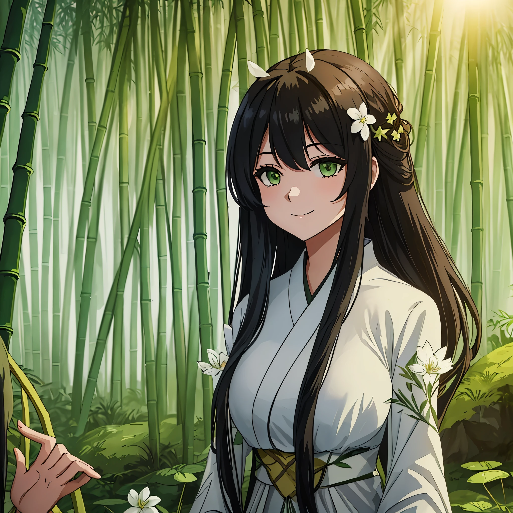 A woman wearing a white kimono with patterned green bamboo designs, long black hair, moss green eyes, white flower on her head, smiling, walking in a bamboo forest, with sun illuminating the place, dirt terrain with few grass, shadows detailed, HDR, masterpiece, well defined, ultra resolution, high quality, 8k HD.

